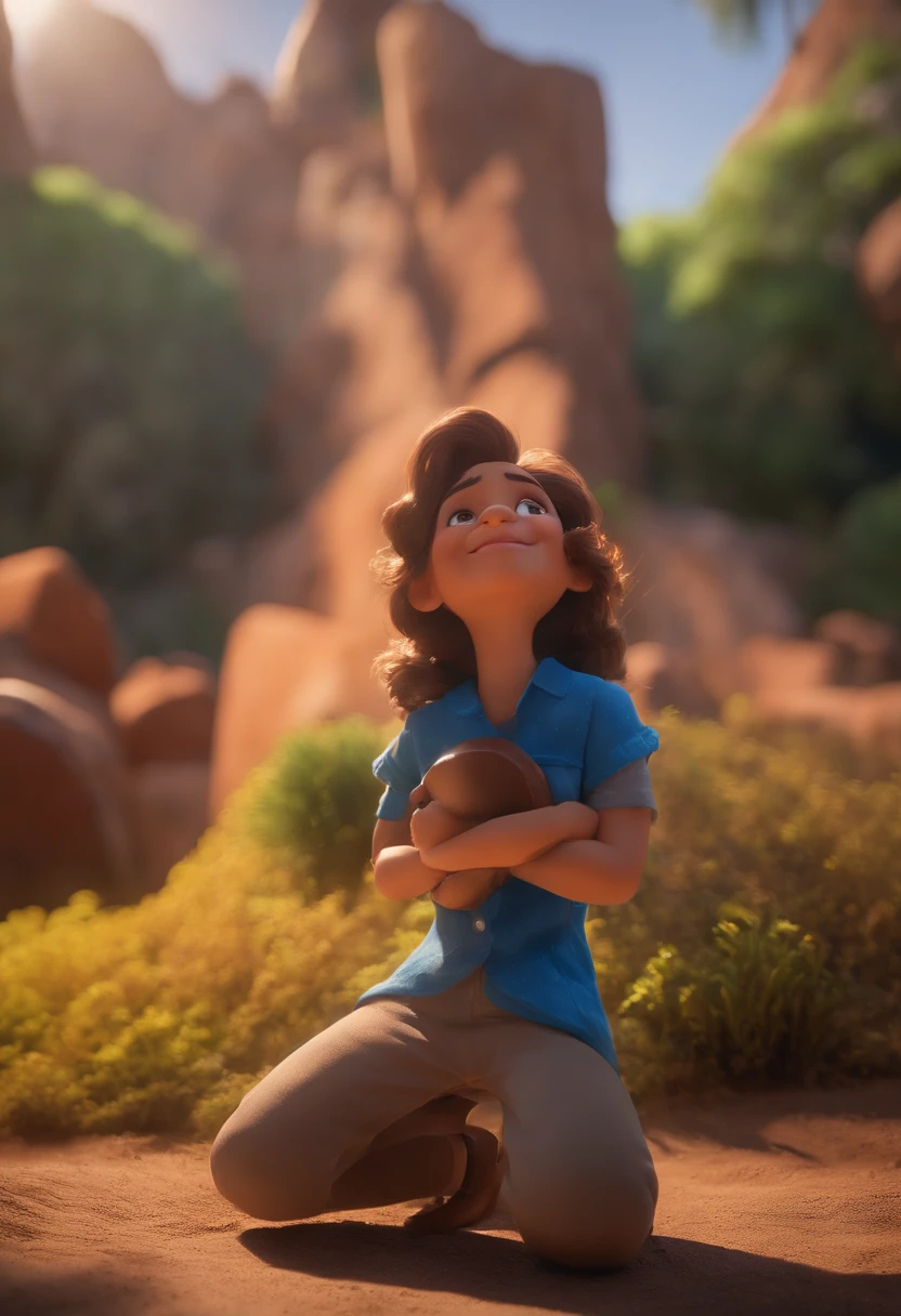 Garoto, estilo disney, tom de pele: claro:  Cabelo: marrom escuro, liso, curto, penteado para o lado direito. camisa: social, Cor azul. Fundo: Gray and white gradient,Comemorando, Hands raised, sorrindo, feliz, (estilo pixar) (obra-prima:1.2) (bokeh) (melhor qualidade) (pele detalhada) (textura detalhada) (8k) (claymation) (cinematic lighthing) (foco nítido