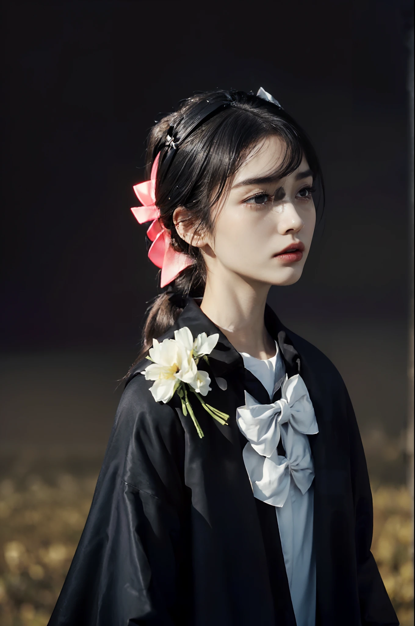(shoulder length straight short hair: 1.2),(black hair:1.3),(Extremely meticulous CG 8k wallpaper），（Extremely refined and beautiful），（Masterpiece:2.0），（best qualtiy：2.0），（Ultra High Resolution：1.0），beautiful light up，Perfect lightning，realistic shaded，[A high resolution],(Smooth and flawless fair skin:1.5),Extremely exquisite facial details,(perfect body：1.1），ultra - detailed,A beautiful girl,small head,(very short ponytail:1.2),(Small breasts:1.1)，Flat chests，slim，thin,(Sad:1.3), (solemn:1.2),(Crying:1.2), (tears:1.3),(black coat:1.5),(white collared shirt),standing,Outdoor,(in a vast square:1.5),(Holding yellow and white flowers in arms:1.0),(dark cloudy day:1.3),Portrait photo,(close-up of upper body:1.3),sideview,from front,(close eyes:1.2),(Bow head down:1.5),Devout silence