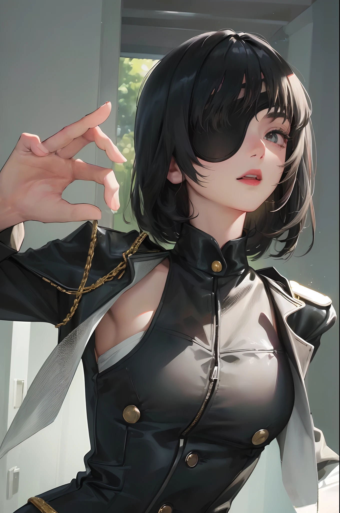 (highest resolution, distinct_image) best quality, woman, masterpiece, high detail, semi-realistic, short black hair, black hair, bangs, 21 years old, shoulder-length hair, mature, young, black clothes, black uniform, military academy beauty heroic heroic posture interior background exquisite and exquisite facial features