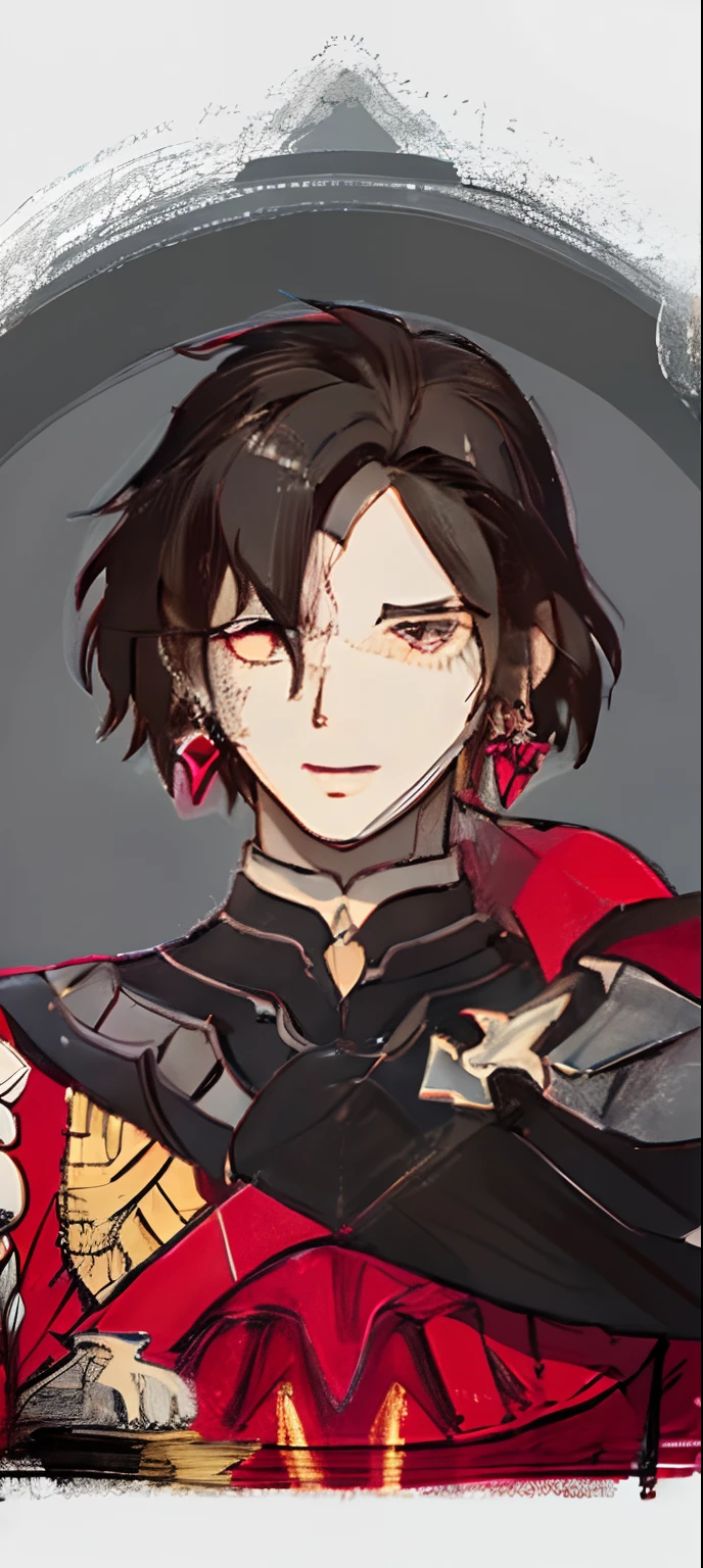 digital illustration portrait,digitalportrait, Digital Art Portrait, realism artstyle, high quality portrait, realistic art style, # 1 digital painting of all time, #1 digital painting of all time, glossy digital painting、short dark hair、Yellow-gray eyes、Elegant Men、Neutral、Black cloak with red lining、Red armor with black shoulder pads、Clasp of silver cloak、Red earrings、Roman Empire、Anime-style illustrations