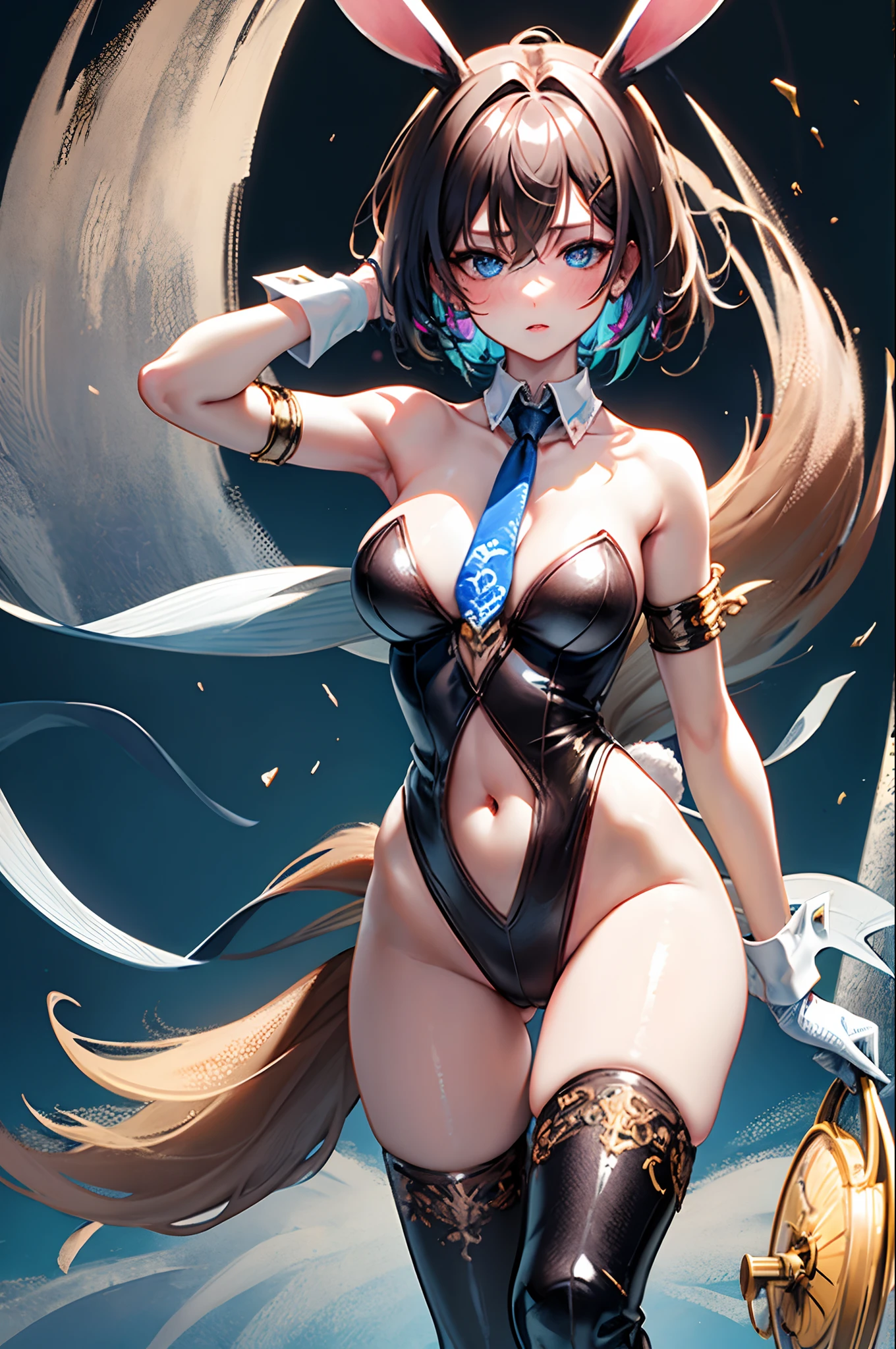 (masterpiece), (best quality), highly detailed,ultra-detailed,(extremely detailed CG unity 8k wallpaper),incredibly absurdres,(official art),colorful,(Line optimization),
Extremely exquisite female facial description, extremely delicate and beautiful eyes,
1girl, animal_ear_fluff, animal_ears, arm_up, armpits, ass_visible_through_thighs, bangs, bare_shoulders, blue_eyes, blush, breasts, brown_hair, cowboy_shot, detached_collar, eyebrows_visible_through_hair, fake_animal_ears, fox_ears, fox_girl, fox_tail, gloves, gradient, gradient_background, grey_background, hair_between_eyes, leotard, looking_at_viewer, navel, necktie, , rabbit_ears, see-through, short_necktie, silver_hair, small_breasts, solo, tail, thigh_gap, white_gloves, wrist_cuffs
(perfect body), (seductive),
(fine and beautiful detailed skin), (shiny skin:1.0), (oil skin:1.0), (oil highlights:1.0),
sexually suggestive, female ,