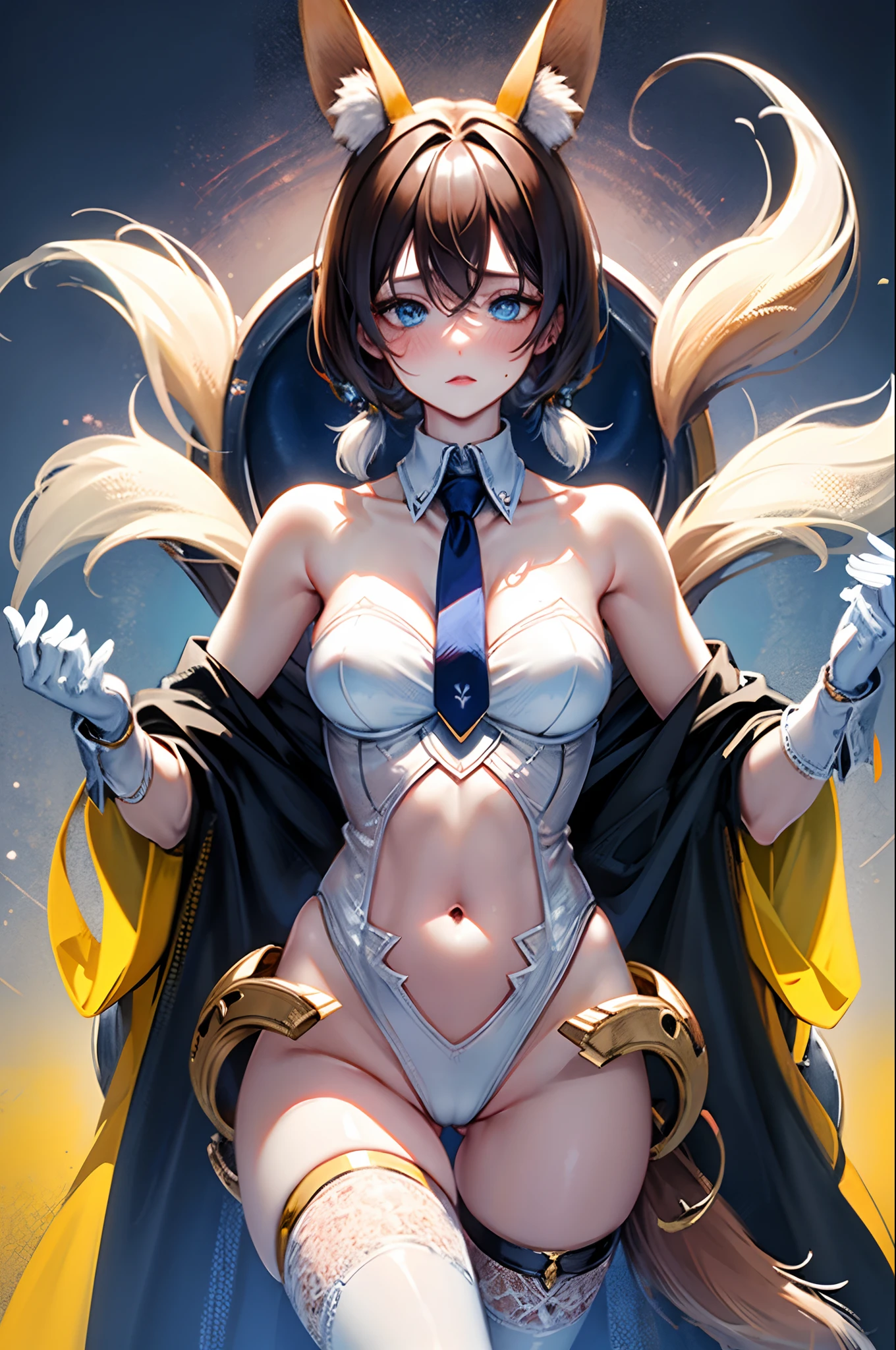 (masterpiece), (best quality), highly detailed,ultra-detailed,(extremely detailed CG unity 8k wallpaper),incredibly absurdres,(official art),colorful,(Line optimization),
Extremely exquisite female facial description, extremely delicate and beautiful eyes,
1girl, animal_ear_fluff, animal_ears, arm_up, armpits, ass_visible_through_thighs, bangs, bare_shoulders, blue_eyes, blush, breasts, brown_hair, cowboy_shot, detached_collar, eyebrows_visible_through_hair, fake_animal_ears, fox_ears, fox_girl, fox_tail, gloves, gradient, gradient_background, grey_background, hair_between_eyes, leotard, looking_at_viewer, navel, necktie, , rabbit_ears, see-through, short_necktie, silver_hair, small_breasts, solo, tail, thigh_gap, white_gloves, wrist_cuffs
(perfect body), (seductive),
(fine and beautiful detailed skin), (shiny skin:1.0), (oil skin:1.0), (oil highlights:1.0),
sexually suggestive, female ,