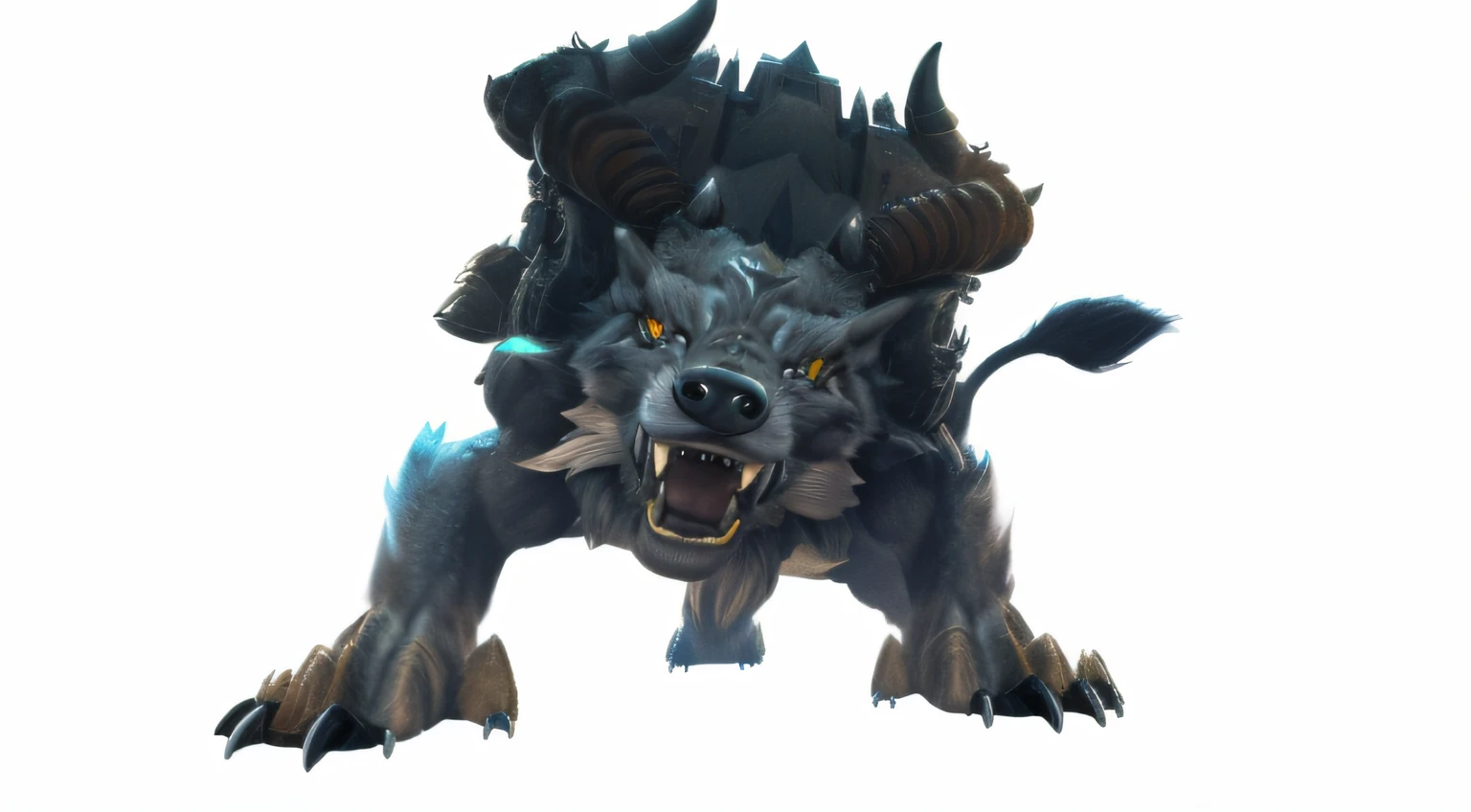 Close-up of a monster with a big head and a big mouth, a minotaur wolf