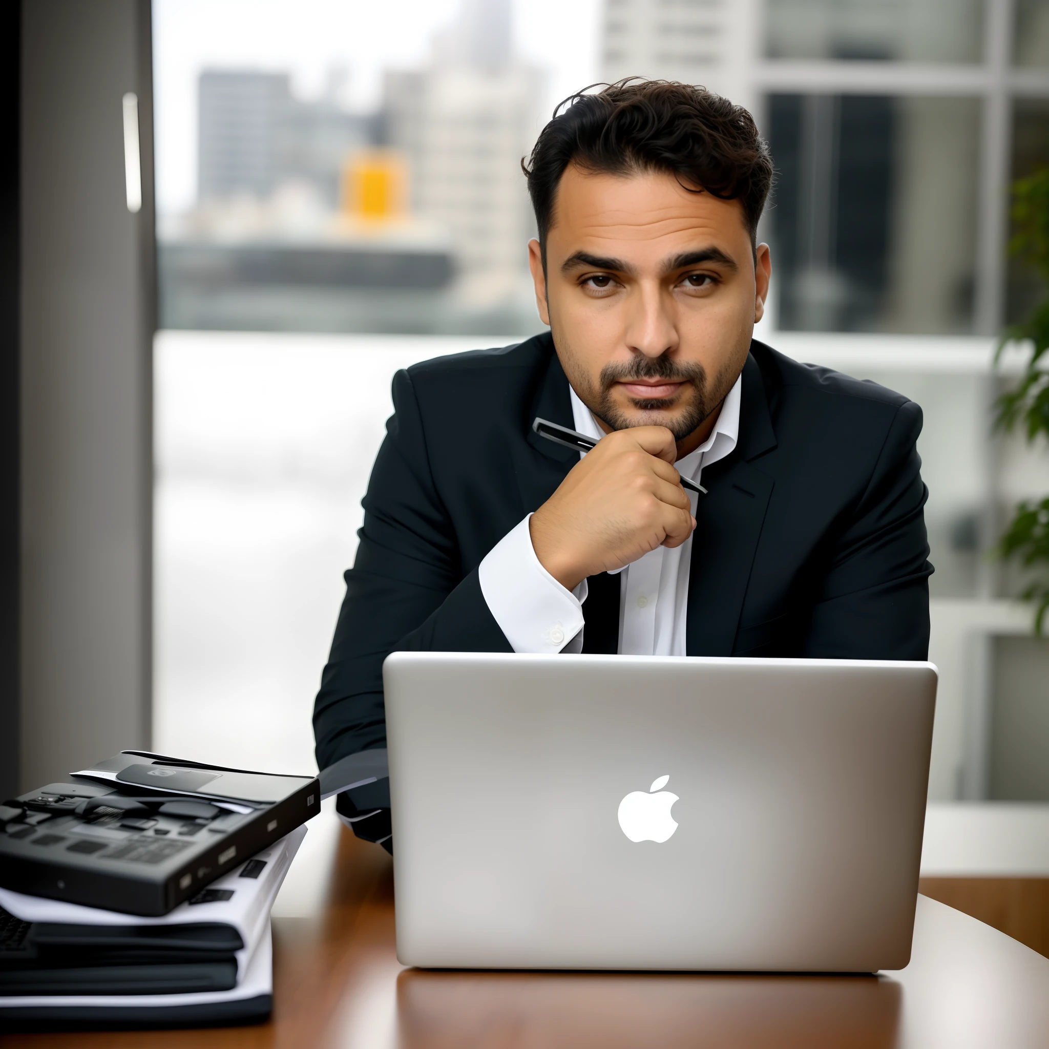 there is a man sitting at a desk with a laptop computer, Trabalhando em um laptop em uma mesa, na frente de um computador, sentado em frente ao computador, sentado em um computador, foto de perfil profissional, imagem profissional, foto retrato, Michal Mraz, gui guimaraes, ombro na frente pose, foto de alta qualidade