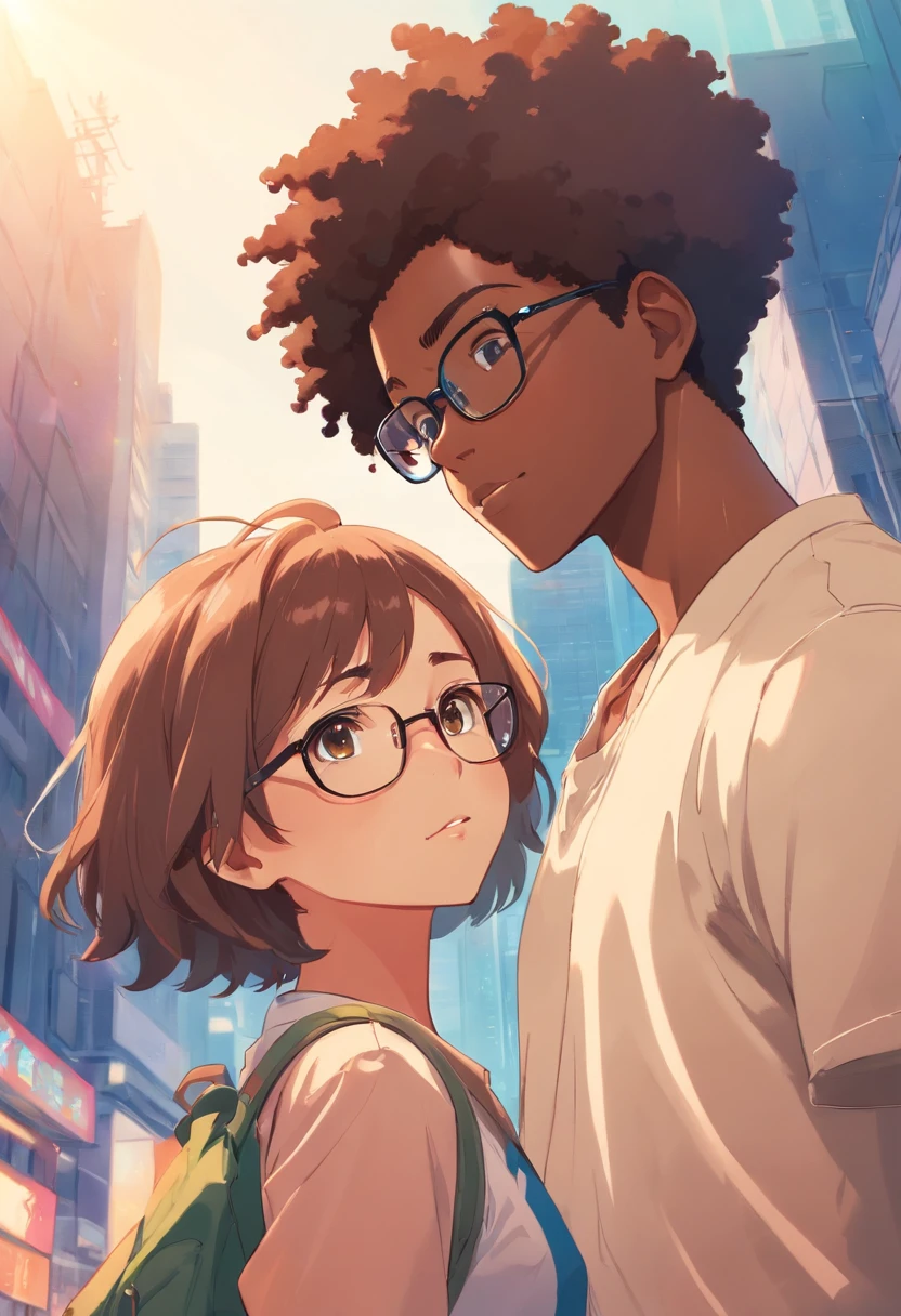 African boy with Afro hair, brownhead white girl wearing glasses