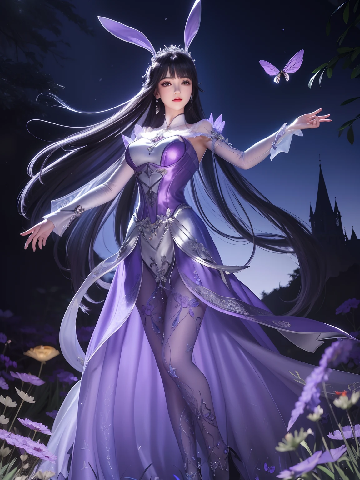(masterpiece), best quality, ray tracing, best quality, sharp focus, ultra detailed, high resolution, 8k, UHD, ultra-detailed, ((masterpiece)), ((best quality)), (perfect proportions), elaborate features, extremely detailed, detailed face, perfect hands, perfect face, perfect body, beautiful, beautiful detailed eyes, ultra-detailed, masterpiece face, 1 woman, solo, full body shot, fairy, windy black hair, bright purple eyes, glowing aura in the eyes, black corset with silver lace, jewelry, bright jeweled tiara, long purple dress, knee length skirt, black lace choker, long sleeves with sholder pads, purple stockings with lace, black high heels shoes, flying pose, huge blue and black butterfly wings, dark forest background, lots of dark tiny butterflies flying around, field of purple and black flowers,rabbit ears,long dress,long hair, hair