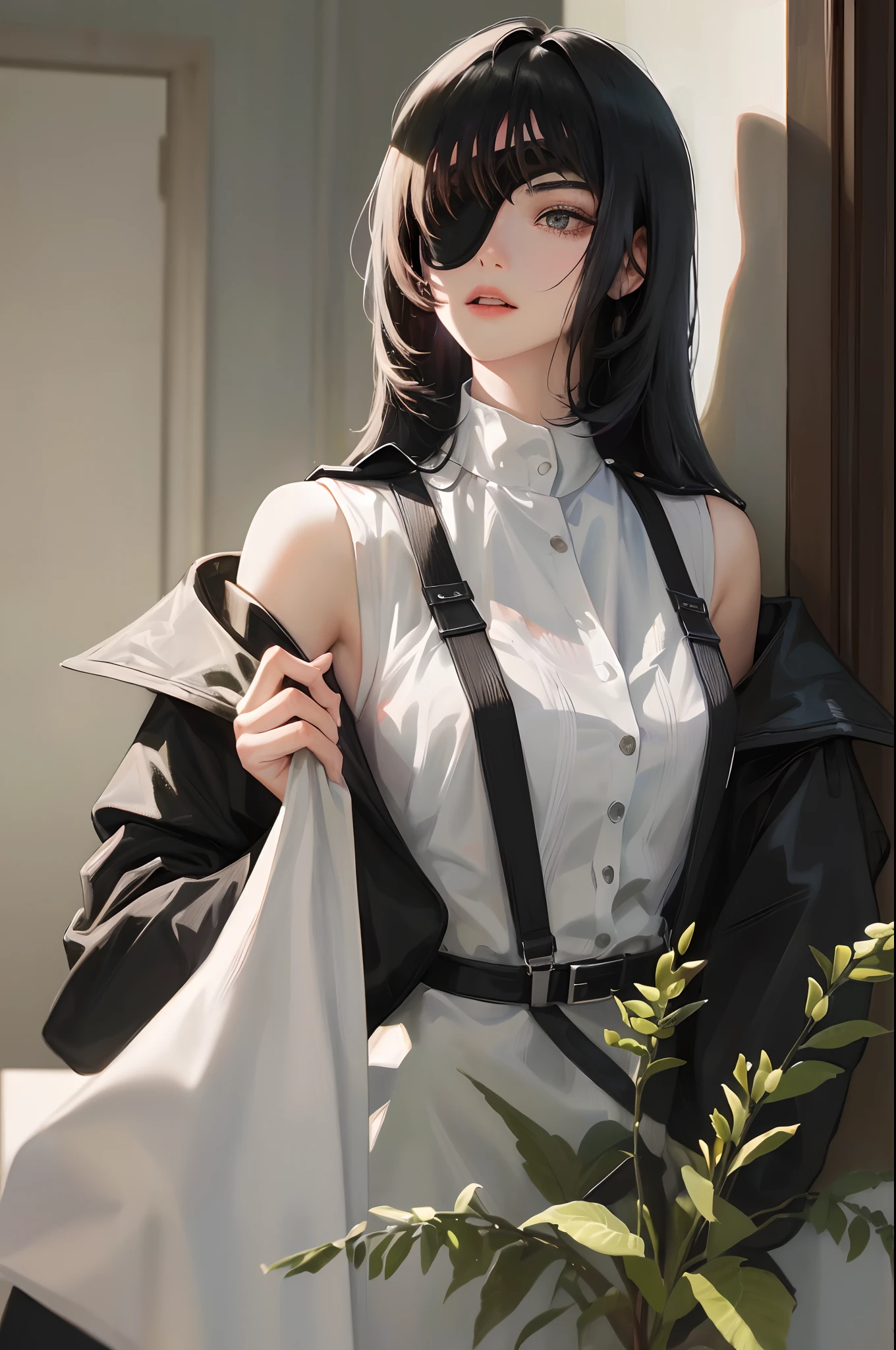 (highest resolution, distinct_image) best quality, woman, masterpiece, high detail, semi-realistic, short black hair, black hair, bangs, 21 years old, shoulder-length hair, mature, young, black clothes, black uniform, military academy beauty heroic heroic posture interior background exquisite and exquisite facial features