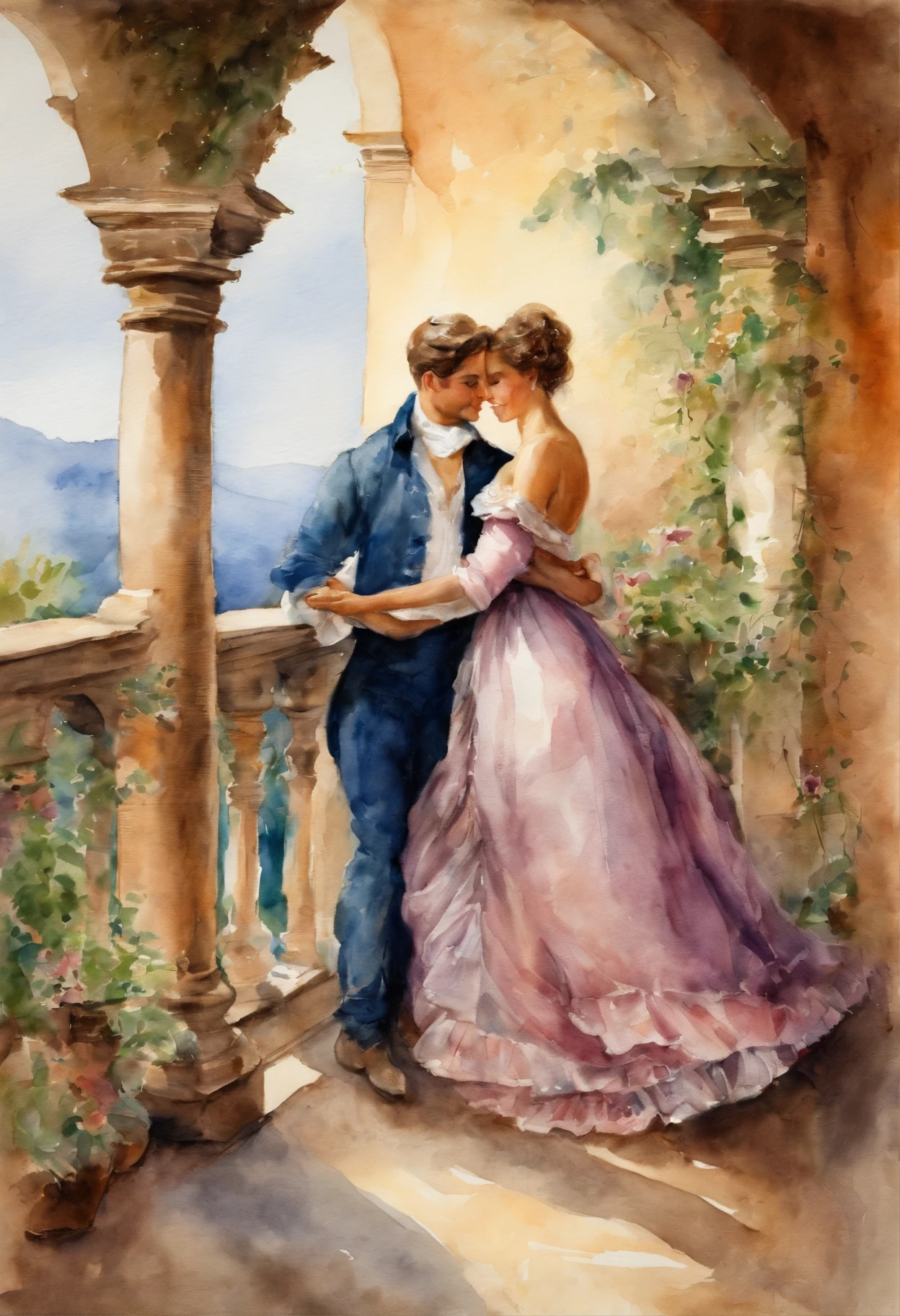 A couple in each other's arms on a veranda, painting in the style of the Rococo.