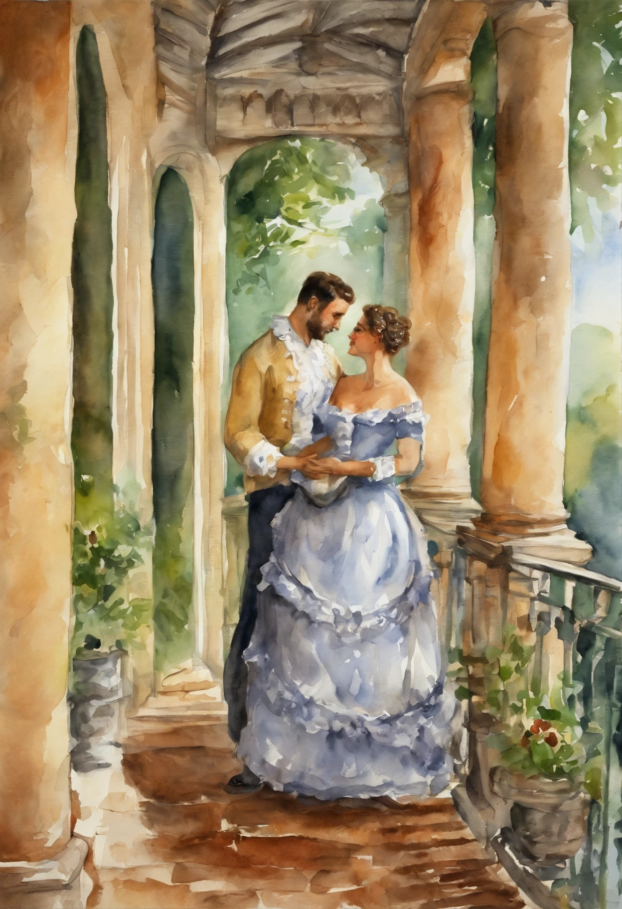 A couple in each other's arms on a veranda, painting in the style of the Rococo.