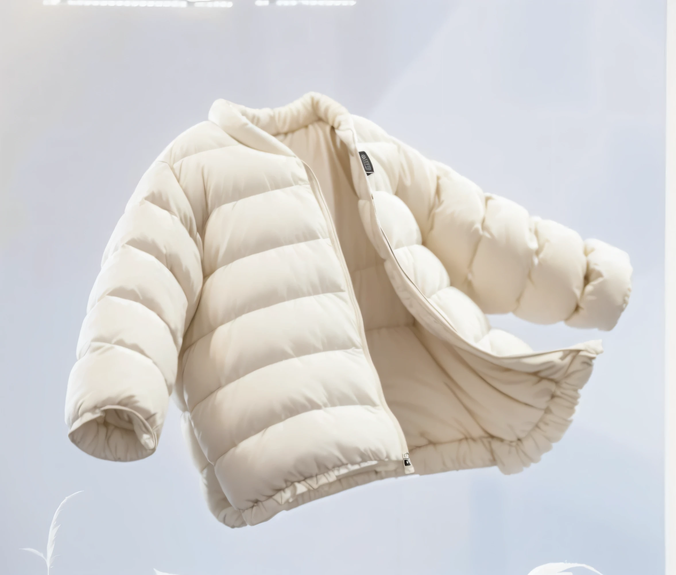(best quality,4k,8k,highres,masterpiece:1.2),ultra-detailed,(realistic,photorealistic,photo-realistic:1.37),highly detailed cotton-filled, puffy white jacket hanging on a coat hanger. The jacket has a thick lining and is made of down feathers, giving it a soft and warm texture. It is a future-inspired inflatable jacket with high attention to detail. The jacket exudes a sense of fashion and sophistication. The white puffy garment is fashionable and high in detail, creating a cozy and warm feeling. The jacket is designed for toddlers and it appears as if it came directly from the future. It is a high-detail garment that covers the whole body and is made of soft and warm cotton material. The scene is lit with a soft warm light, adding to the cozy ambiance. This official product image showcases the stylish and futuristic qualities of the jacket.