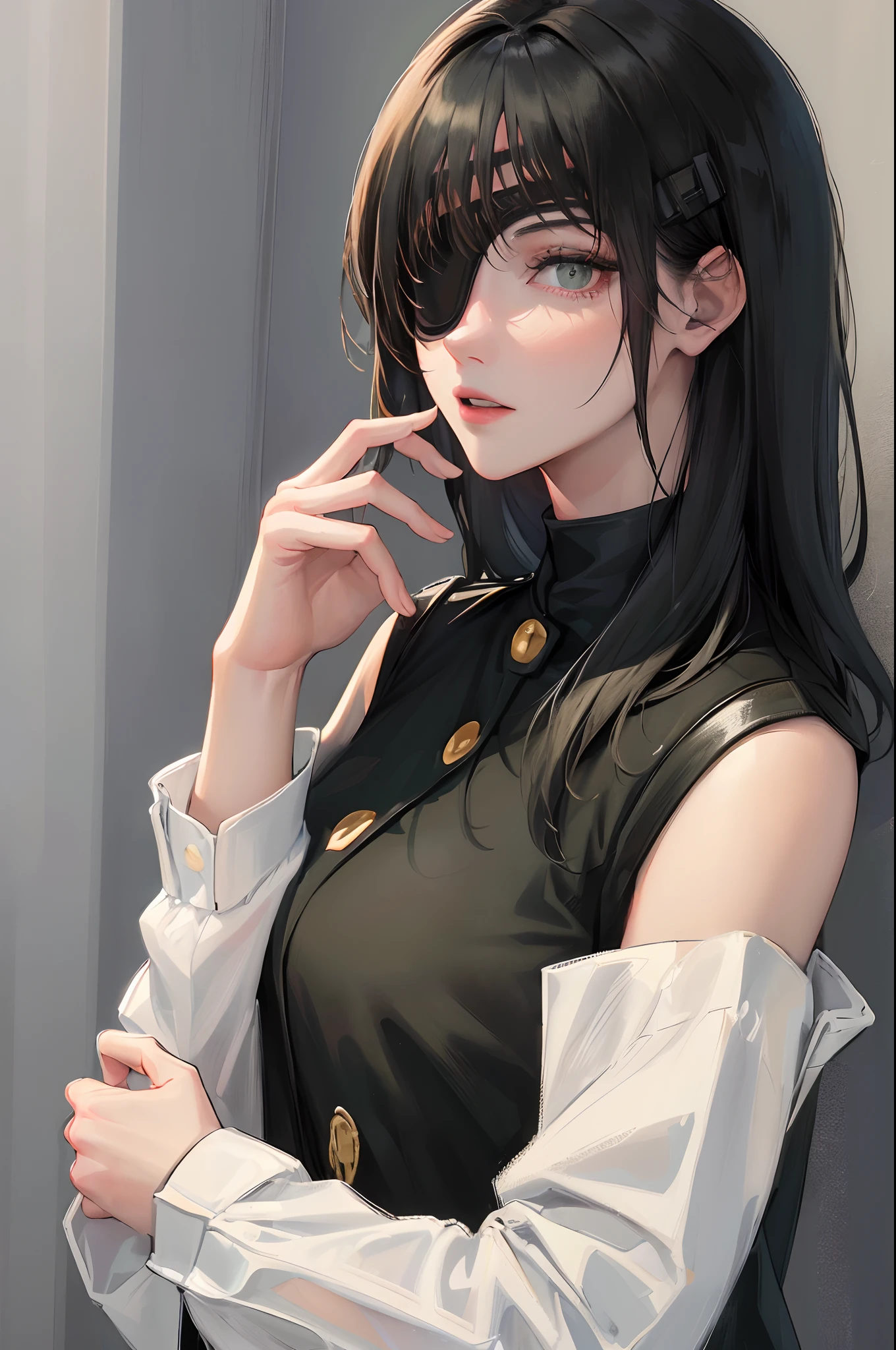 (highest resolution, distinct_image) best quality, woman, masterpiece, high detail, semi-realistic, short black hair, black hair, bangs, 21 years old, shoulder-length hair, mature, young, black clothes, black uniform, military academy beauty heroic heroic posture interior background exquisite and exquisite facial features