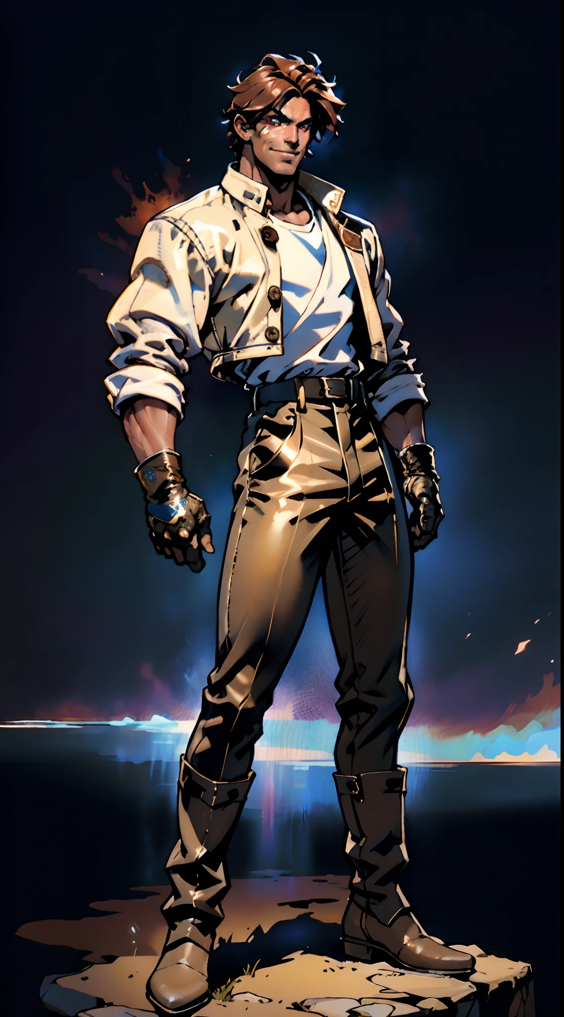 A young man, auburn hair, a center-parted back hairstyle, dark skin, narrow eyes, a cunning smile, a two-piece fantasy-reality style outfit, a white undershirt, a dark formal-style coat, wearing gloves, matching trousers with the outfit, has metallic-adorned knee-high boots, striking a boxing pose, against a background of horizon, this character embodies a finely crafted fantasy-reality style fighter in anime style, characterized by an exquisite and mature manga illustration art style, high definition, best quality, highres, ultra-detailed, ultra-fine painting, extremely delicate, professional, anatomically correct, symmetrical face, extremely detailed eyes and face, high quality eyes, creativity, RAW photo, UHD, 8k, Natural light, cinematic lighting, masterpiece-anatomy-perfect, masterpiece:1.5, tan skin