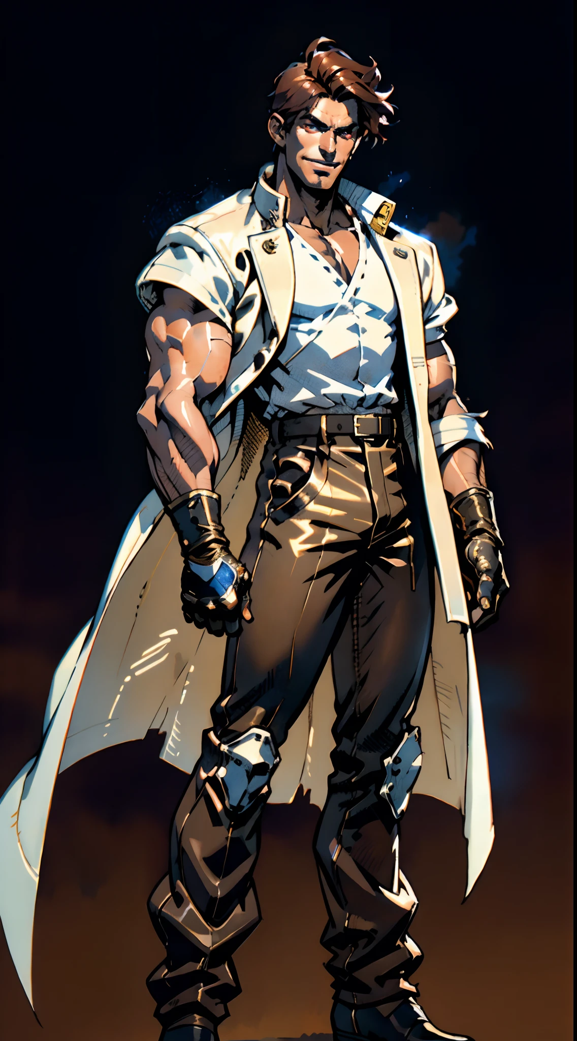 A young man, auburn hair, a center-parted back hairstyle, dark skin, narrow eyes, a cunning smile, a two-piece fantasy-reality style outfit, a white undershirt, a dark formal-style coat, wearing gloves, matching trousers with the outfit, has metallic-adorned knee-high boots, striking a boxing pose, against a background of horizon, this character embodies a finely crafted fantasy-reality style fighter in anime style, characterized by an exquisite and mature manga illustration art style, high definition, best quality, highres, ultra-detailed, ultra-fine painting, extremely delicate, professional, anatomically correct, symmetrical face, extremely detailed eyes and face, high quality eyes, creativity, RAW photo, UHD, 8k, Natural light, cinematic lighting, masterpiece-anatomy-perfect, masterpiece:1.5, tan skin