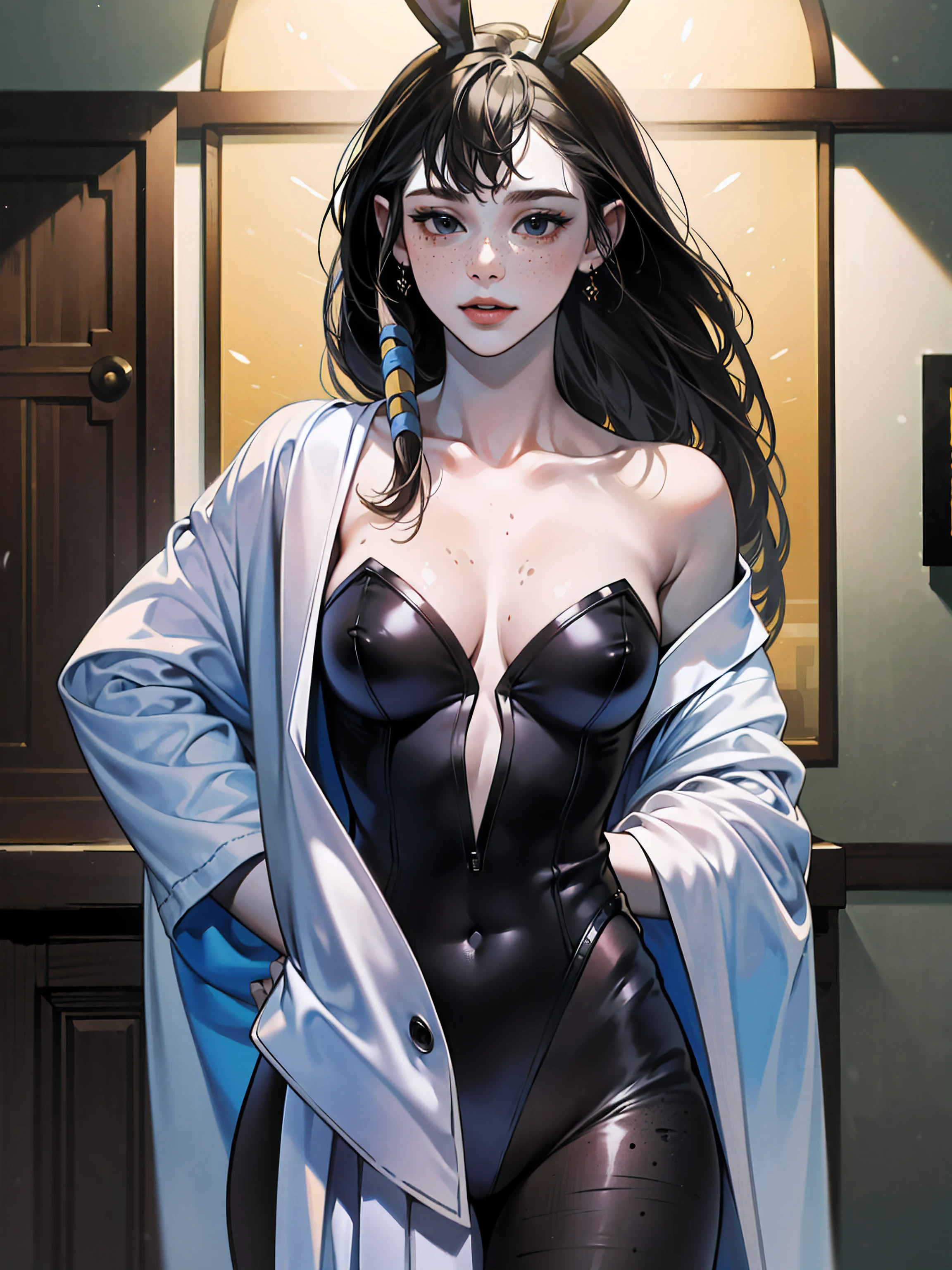 (((masterpiece, best quality, high resolution)))), Extremely detailed 8K, (mature female:1.5) (Ultra HD, Ultra-detailed, Highly detailed, Highly realistic, Ultra-realistic, photograph realistic), (1girl:1.5), (solo:2), (very cute), black hair, (pale skin:1.5) long wavy hair, black eyes, smile, parted lips, (large breasts:1.2), bedroom, sexy pose, cute face, midriff, collarbone, (black Playboy bunny suit, highleg leotard), seductive expression, seductive eyes, suggestive look, indoors, cowboy shot, from below, freckles, offshoulder, bare shoulders, comeltoe, hands behind back,