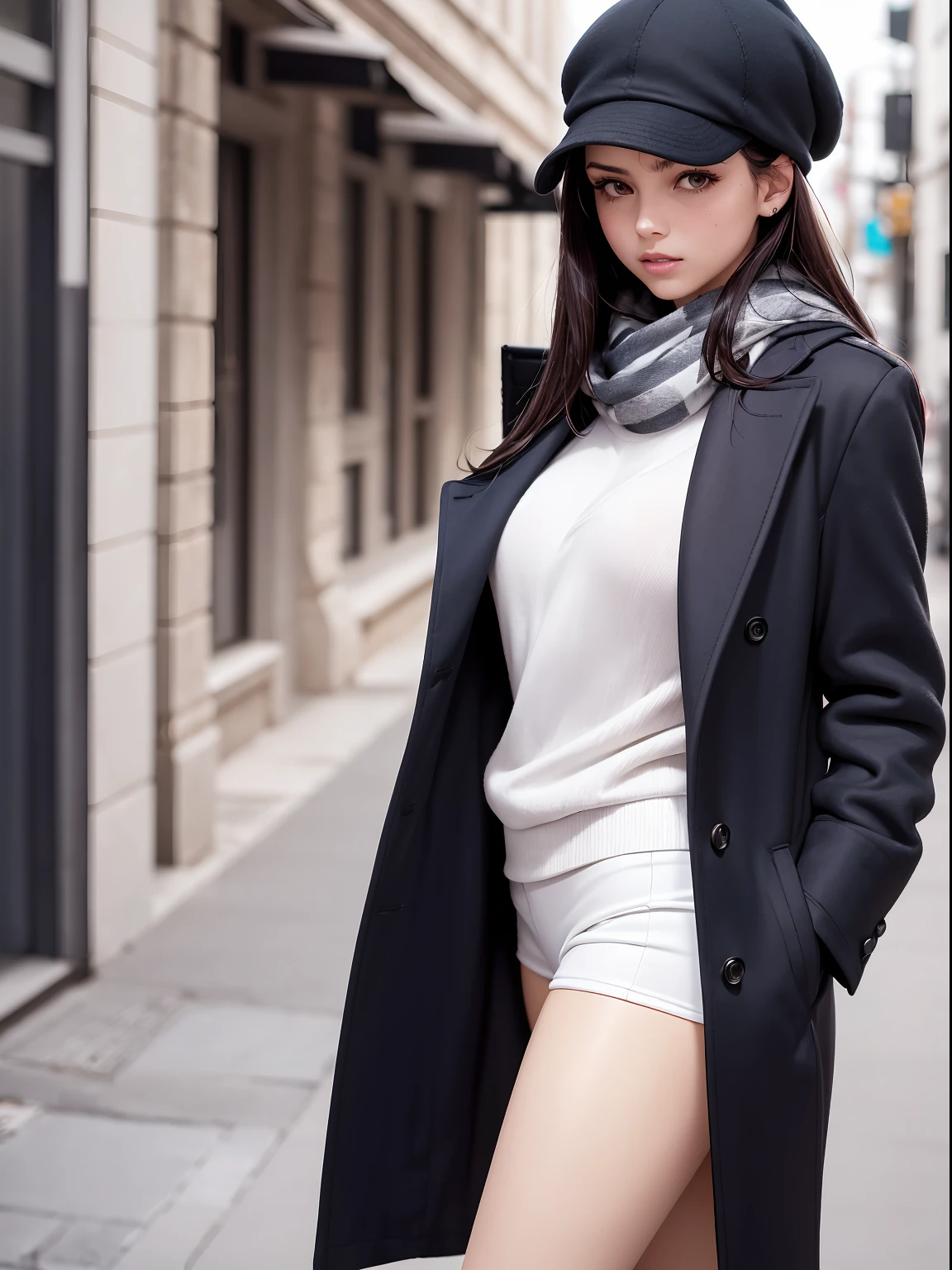 (masterpiece, top quality, ultra high definition, photo realistic, beautiful girl full of adult charm), 1girl in solo, dark silky hair, with scarf and hat, looking at the viewers, black eyes of light color, coat, deep V Winter clothes, White headscarf, lips, lip-gloss, bangs, closed mouth, nice body figure, large breasts, standing on the street like super model