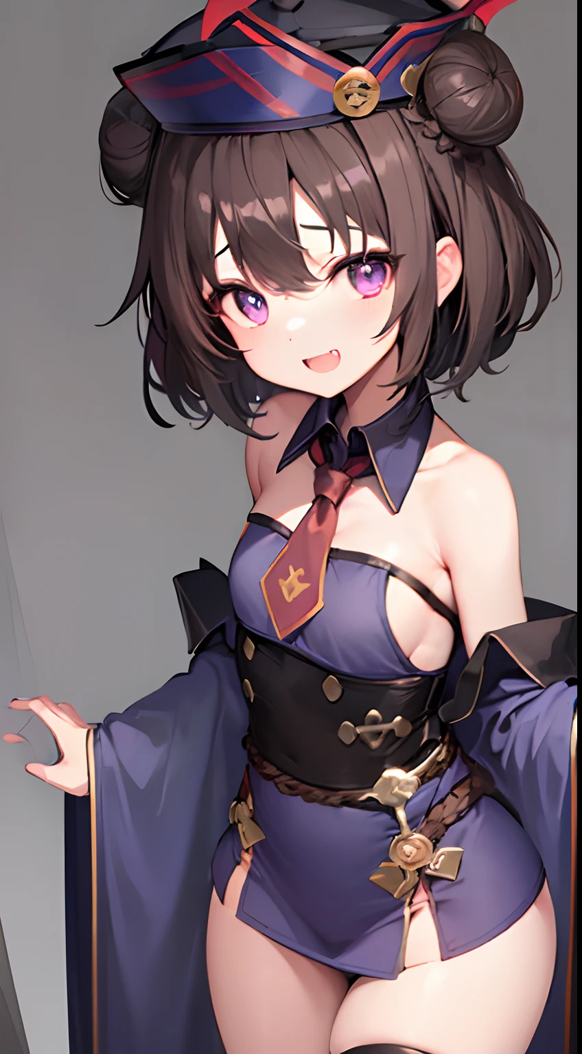 1girl, ((loli)), short height, breasts, (((dark brown twin hairbuns))), sideswept parted front hair, deep purple eyes, black round square rimmed glasses, anime girl jiangshi costume, side dress v-cut, jiangshi hat, smiling, vampire teeth, fang, standing, hands closed, arms straight down, neutral expression, dark, moonlight, night:1.0, simple background, ((dark grey theme:1.1)), looking at viewer