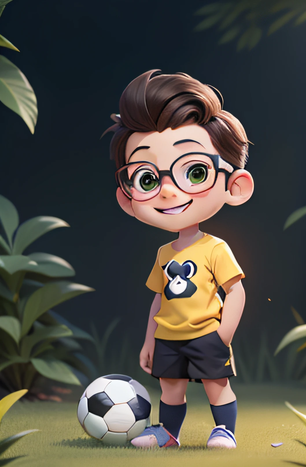 [(An adorable smiling guy standing up with one foot over a soccer ball:1.2)(Small and cuddly baby)(pele clara)(Feliz)][(vestindo fantasia inspirada no 'Minnie') , childrens illustration , fundo limpo], wearing a yellow t-shirt and a glasses, corpo inteiro .