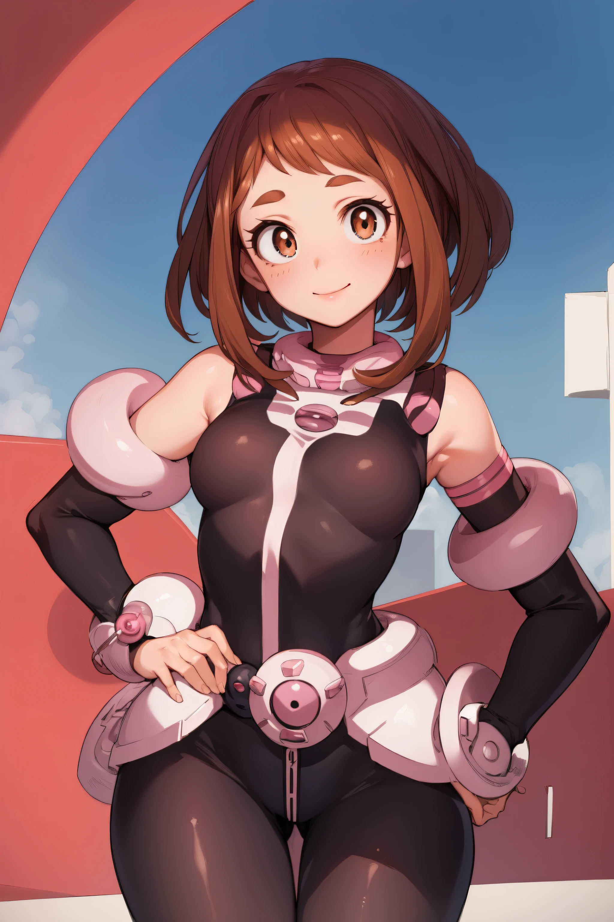 ochakouraraka, ochako uraraka, (uraraka ochako:1.5), (brown eyes:1.5), brown hair, short hair, blush,
BREAK (bodysuit:1.5), skin tight, superhero,
BREAK outdoors, city,
BREAK looking at viewer, cowboy shot,pose, hand on hip,seductive smile,
BREAK NSFW,(masterpiece:1.2), best quality, high resolution, unity 8k wallpaper, (illustration:0.8), (beautiful detailed eyes:1.6), extremely detailed face, perfect lighting, extremely detailed CG, (perfect hands, perfect anatomy),