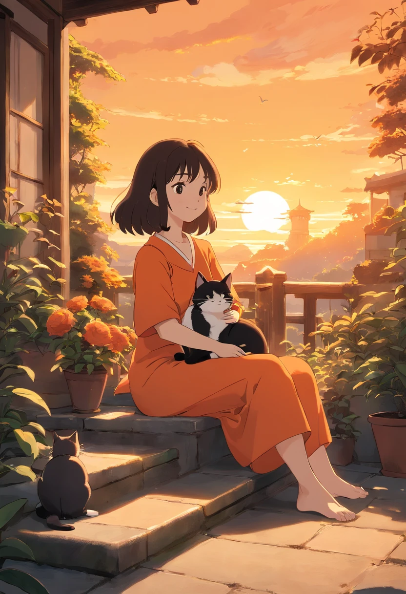 mono tone of black and orange illustration of a happy lady sitting side by side with her beloved cat enjoying the beautiful scene of sunset in the home garden, back facing camera, contrast lighting, 60% human and cat 40% background, positive vibes,