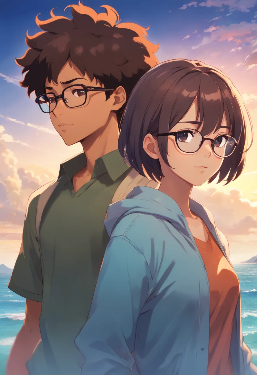 African boy with Afro hair, brownhead white girl wearing glasses