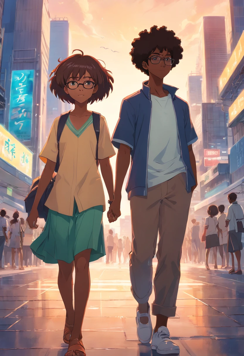 African boy with Afro hair, brownhead white girl wearing glasses