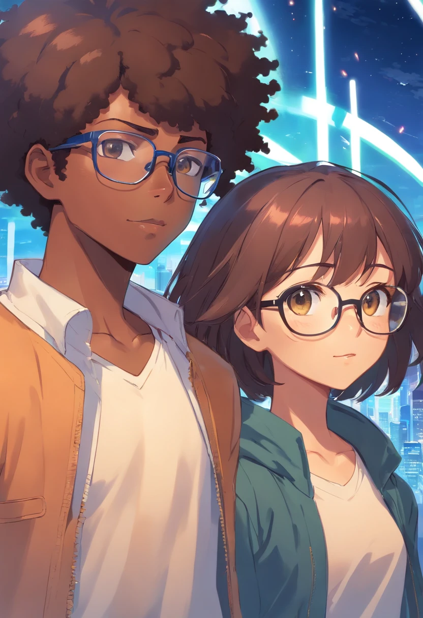 African boy with Afro hair, brownhead white girl wearing glasses
