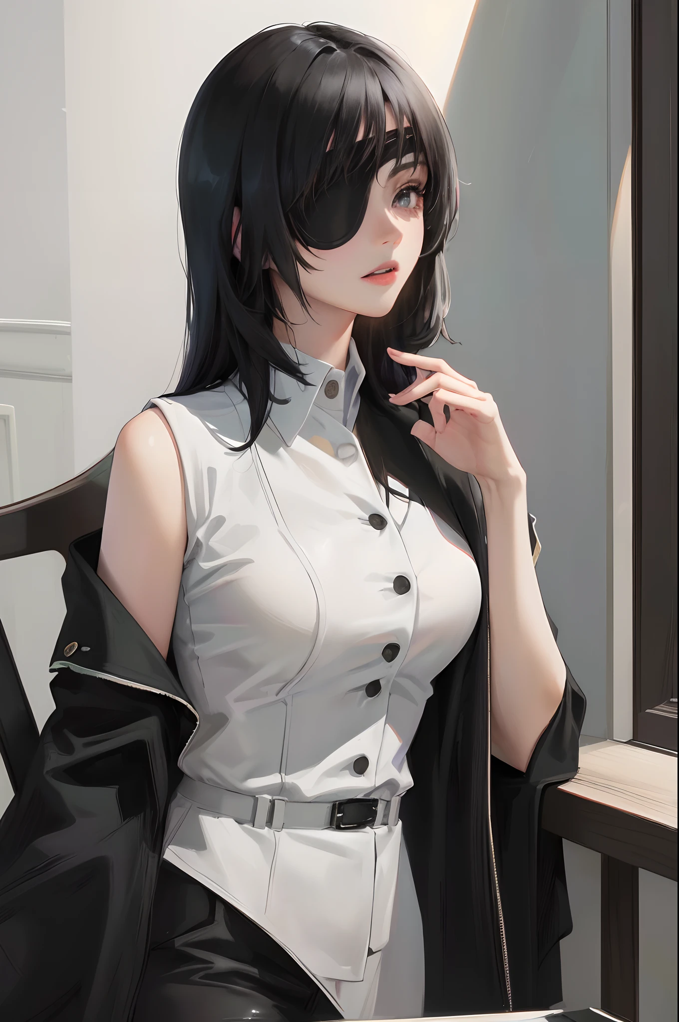 (highest resolution, distinct_image) best quality, woman, masterpiece, high detail, semi-realistic, short black hair, black hair, bangs, 21 years old, shoulder-length hair, mature, young, black clothes, black uniform, military academy beauty heroic heroic posture interior background exquisite and exquisite facial features