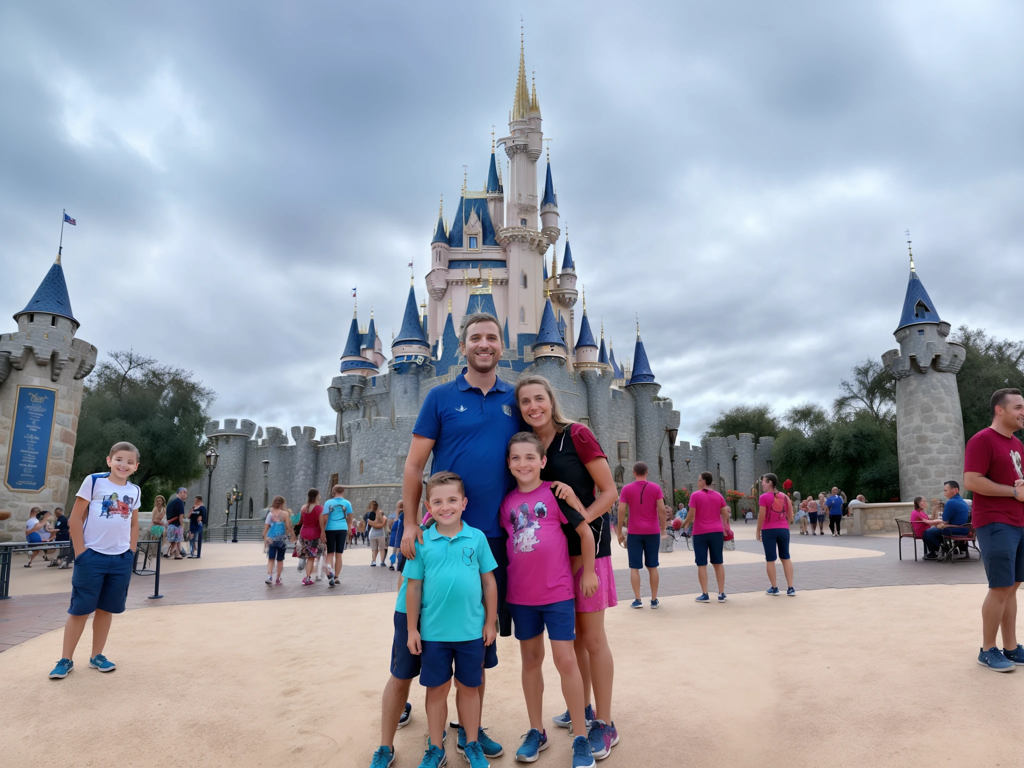 Araffe family posing in front of a castle with cloudy sky, mundo Disney, magical realm, Castelo no fundo, com um castelo ao fundo, Castelo no fundo, Walt Disney Mundo, ( Castelo no fundo ), background is disneyland castle, Disney 8 k foto, com torres, Disney!!, Terra da Disney, EUA-Set 20