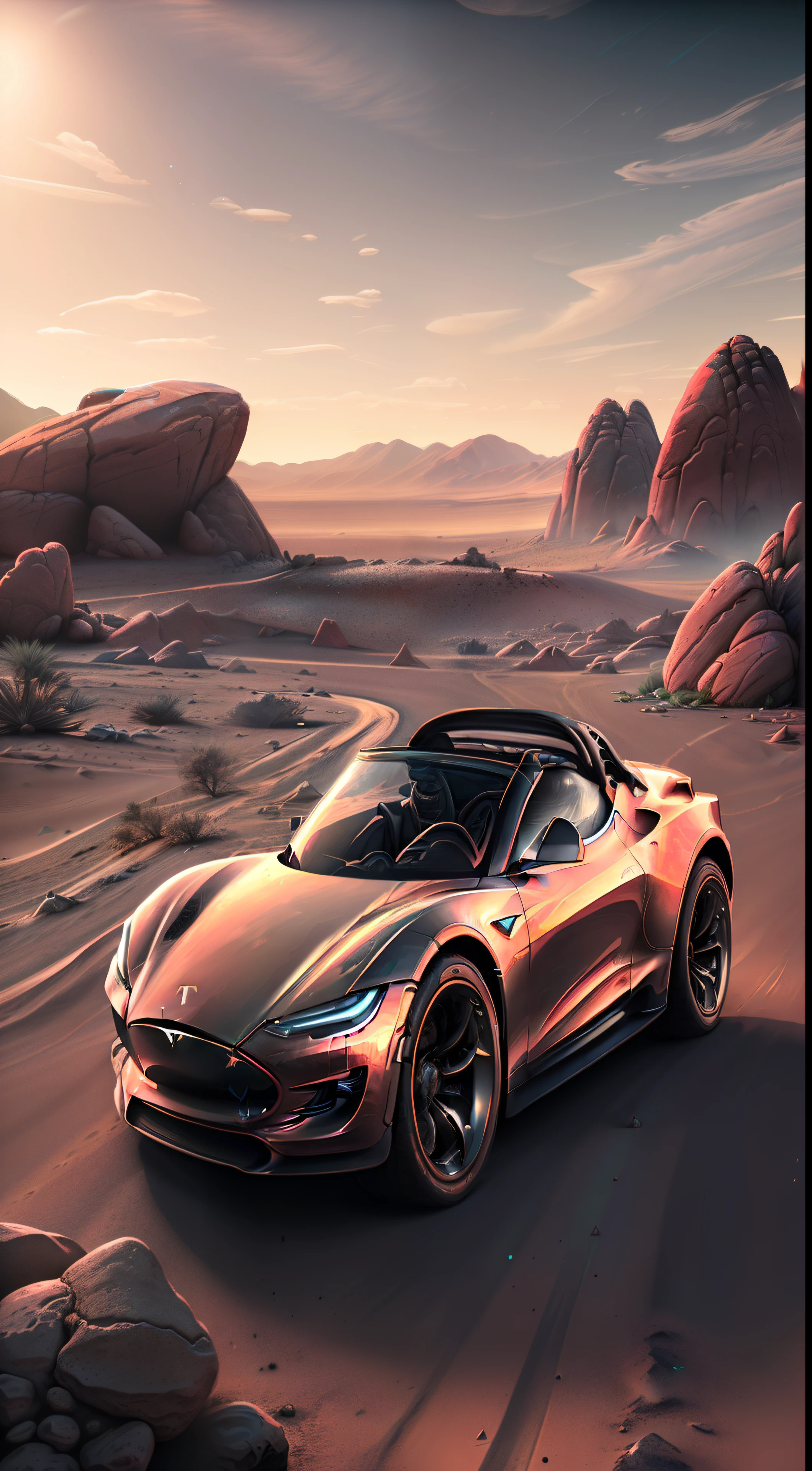 arafed sports car in a desert with rocks and a sky background, roadster, tesla, futuristic product car shot, tesla dune buggy, by Kurt Roesch, musk ( 2 0 2 4 ), concept car, hyper real render, render of futuristic supercar, musk's mars migration program, hyper realistic ”, hyper realistic”, beeple. octane render, by Alexander Robertson