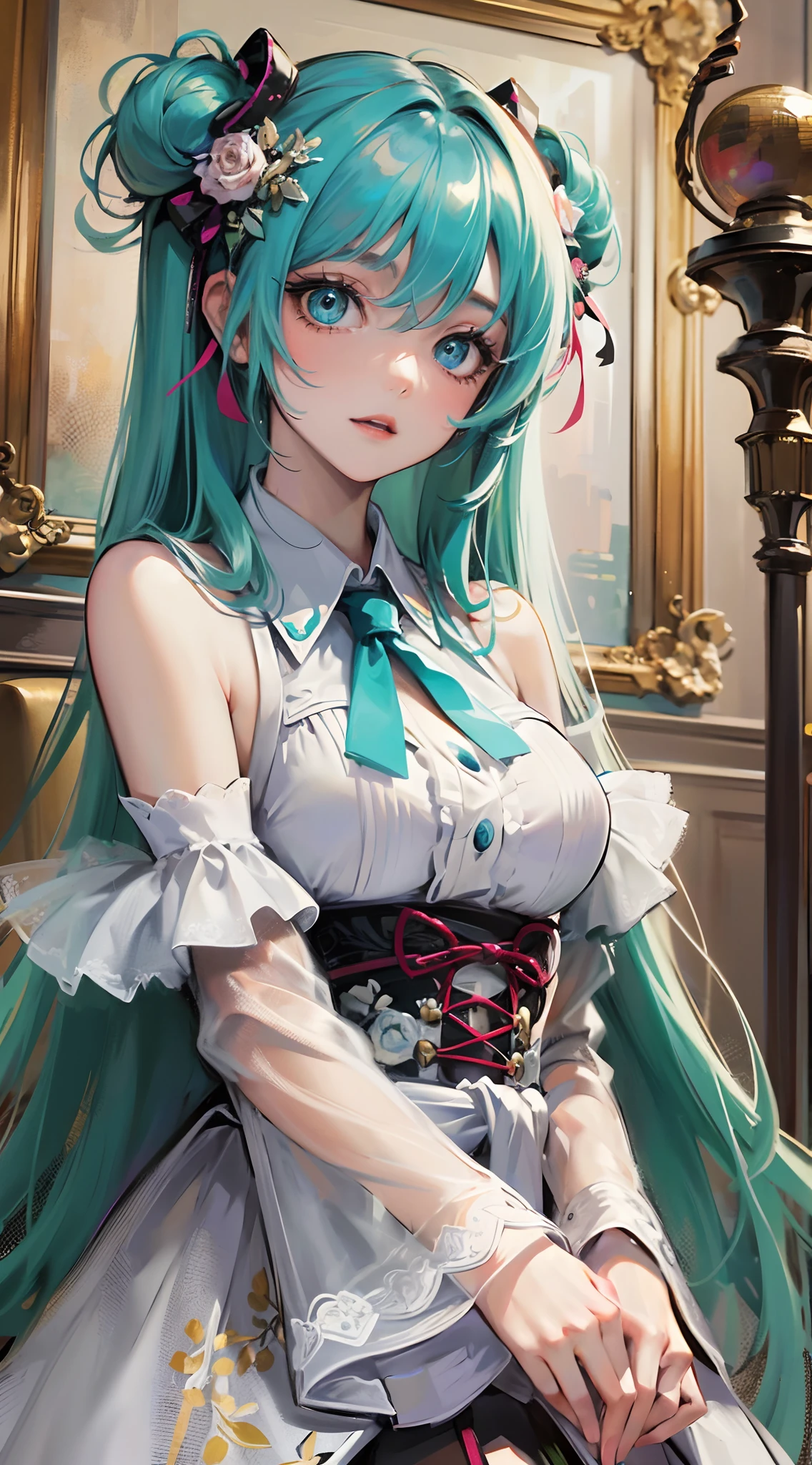 Absurdres masterpiece HDR high quality picture of Hatsune Miku, very  girl 14 years ailed face, simple hair design , beautiful face, hands on waist and hands are hiding in her hair and clothes , very long hair, ((random hair style:1 )) , anime eyes, light skin , 

Courtesan outfit , detailed dress, detailed hair ornaments  , concert stage background, masterpiece scenery