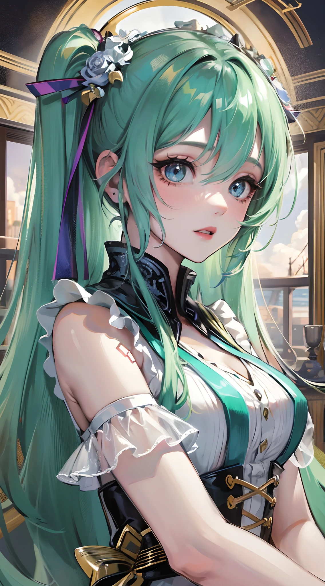 Absurdres masterpiece HDR high quality picture of Hatsune Miku, very  girl 14 years ailed face, simple hair design , beautiful face, hands on waist and hands are hiding in her hair and clothes , very long hair, ((random hair style:1 )) , anime eyes, light skin , 

Courtesan outfit , detailed dress, detailed hair ornaments  , concert stage background, masterpiece scenery
