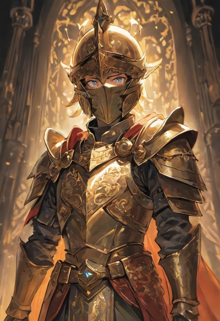 Medieval knight, medieval knight helmet, glowing armor, male, fully covered face
