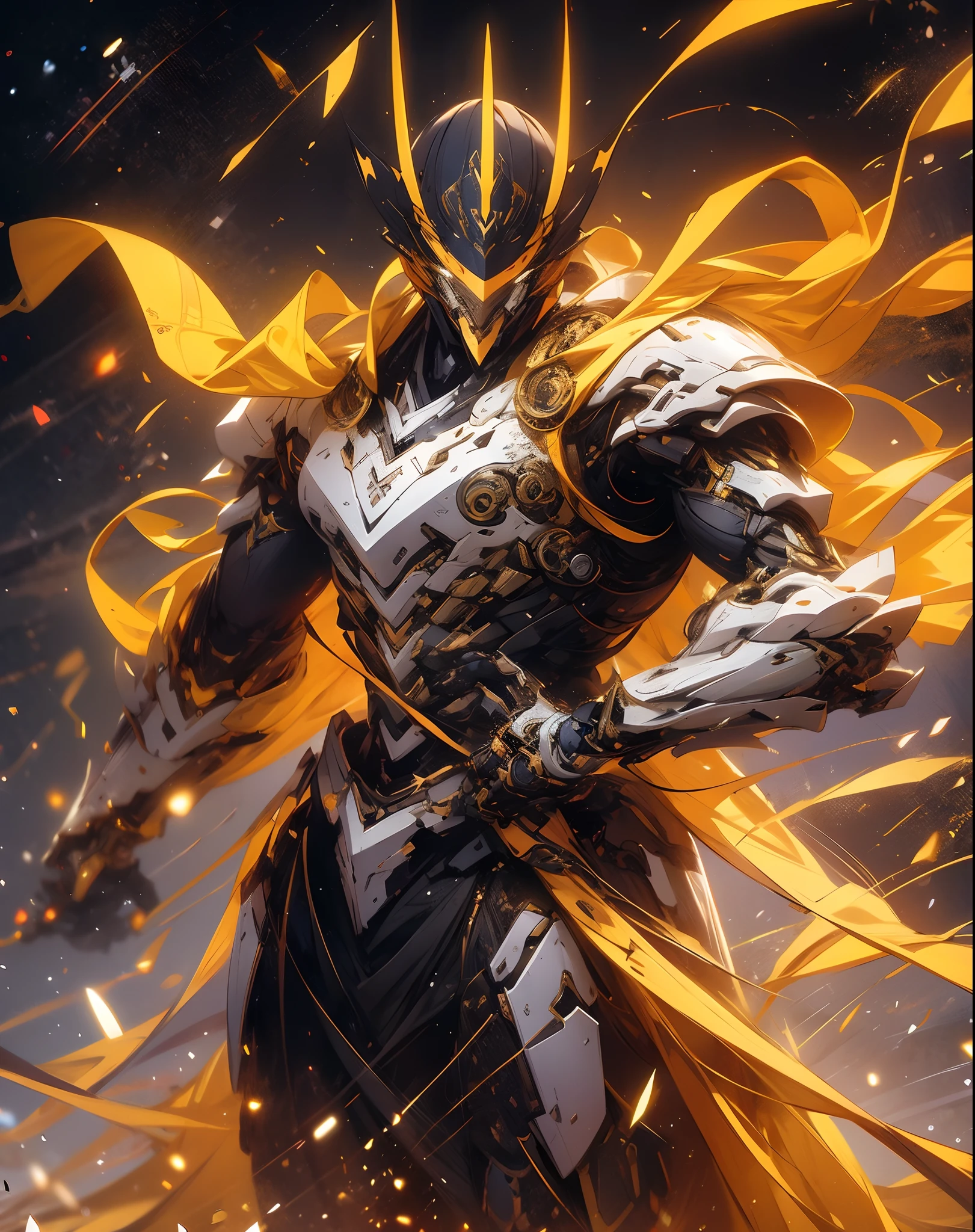 super wide shot, Full body frontal photo,Mecha male warrior, Jade Emperor style,《The mech colors are dark black and dark red》,(《Holding the Xuanyuan sword》,The sword is full of futuristic technology,),(Full body mecha), Keqing from Genshin Impact, (Masterpiece) , The best quality, High quality,Gold armor,电影灯光, (Exquisite future), Beautiful and beautiful, Ultra detailed, great composition, Floating, Depth of field, (Very detailed CG,Unity 8k壁纸), (Beautiful detail background), dramatic lights, GOGETTA, Mecha,best qualtiy,超高分辨率,