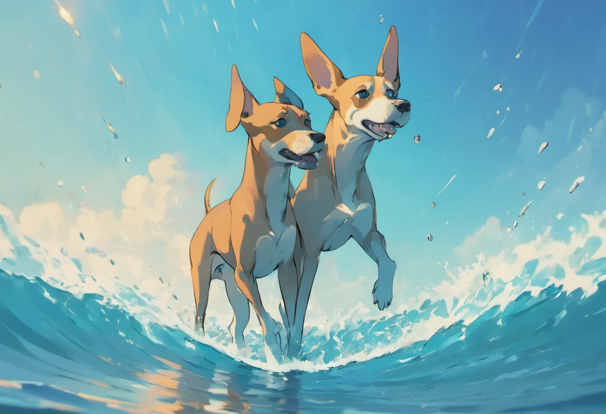 Adult Dobermans, Stand on 4 legs in the water near the sea. Splashing waves, water Reflections, rays of sunshine, Beautiful clouds