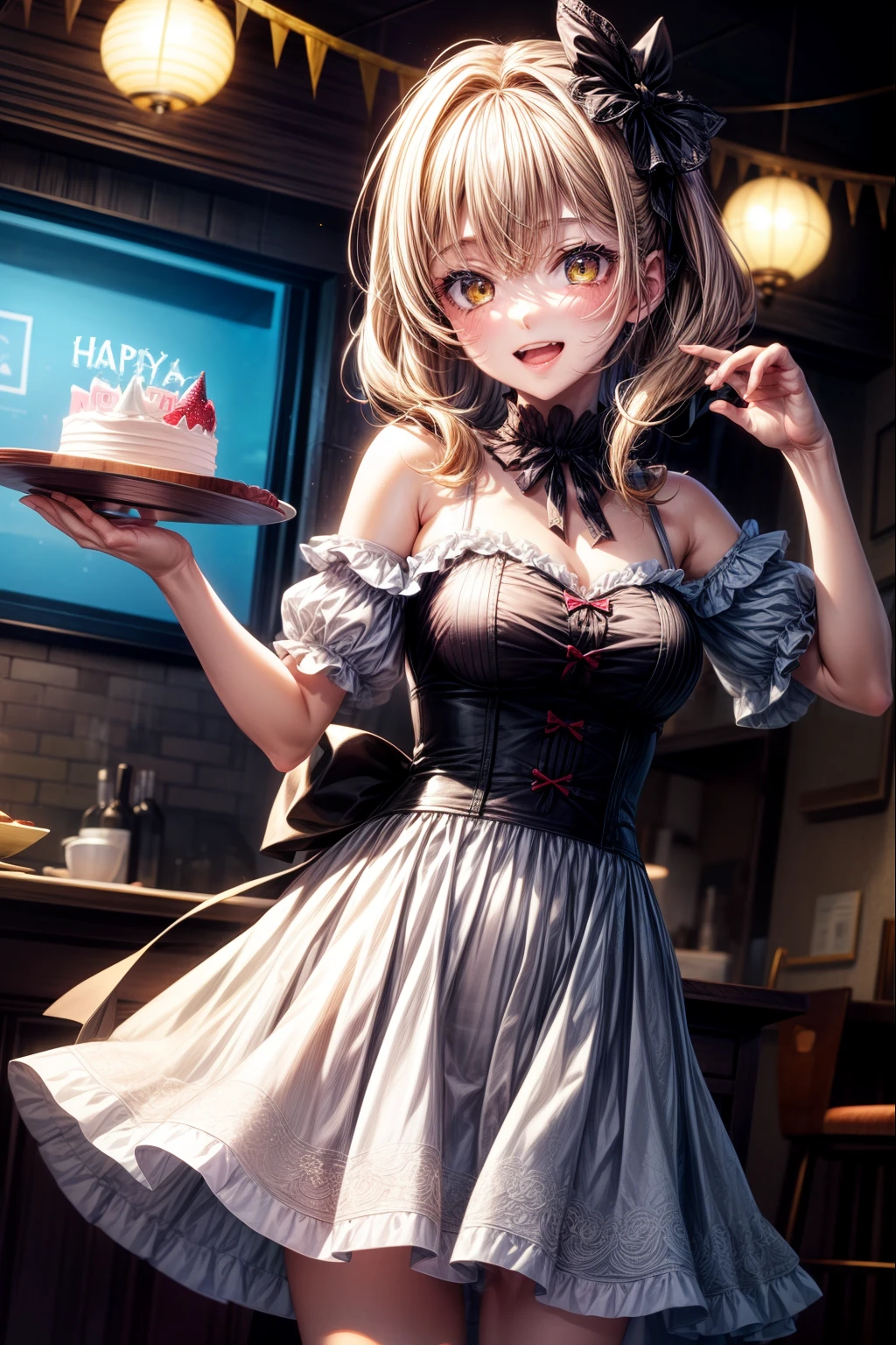 Masterpiece, Best quality, 1girll, Solo, mahiru shiina, Yellow eyes, happy birthay, The birthday cake, birthday,