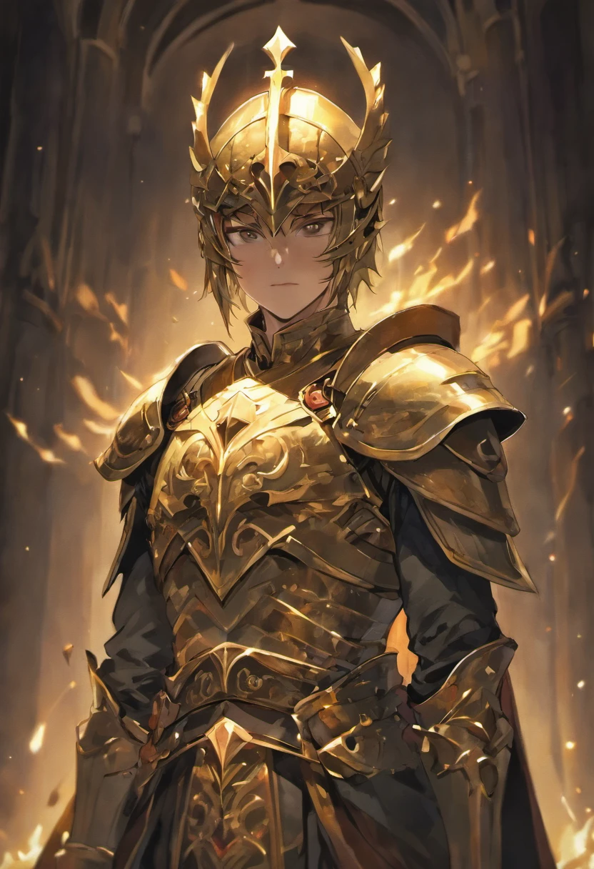 Medieval knight, medieval knight helmet, glowing armor, male, fully covered face, masculine, unable to see face