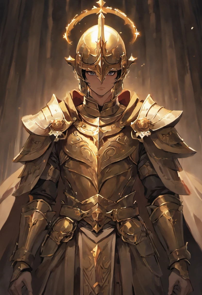 Medieval knight, medieval knight helmet, glowing armor, male, fully covered face, masculine, unable to see face