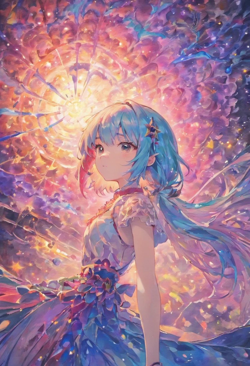 (masterpiece, top quality, best quality,watercolor (medium),official art, beautiful and aesthetic:1.2),(1girl:1.3), (fractal art:1.3),upper body, from side, looking at viewer,patterns,(rainbow color Hair,colorful hair,half blue and half pink hair:1.2),water,liquid, cloud,colorful, starry,stars,