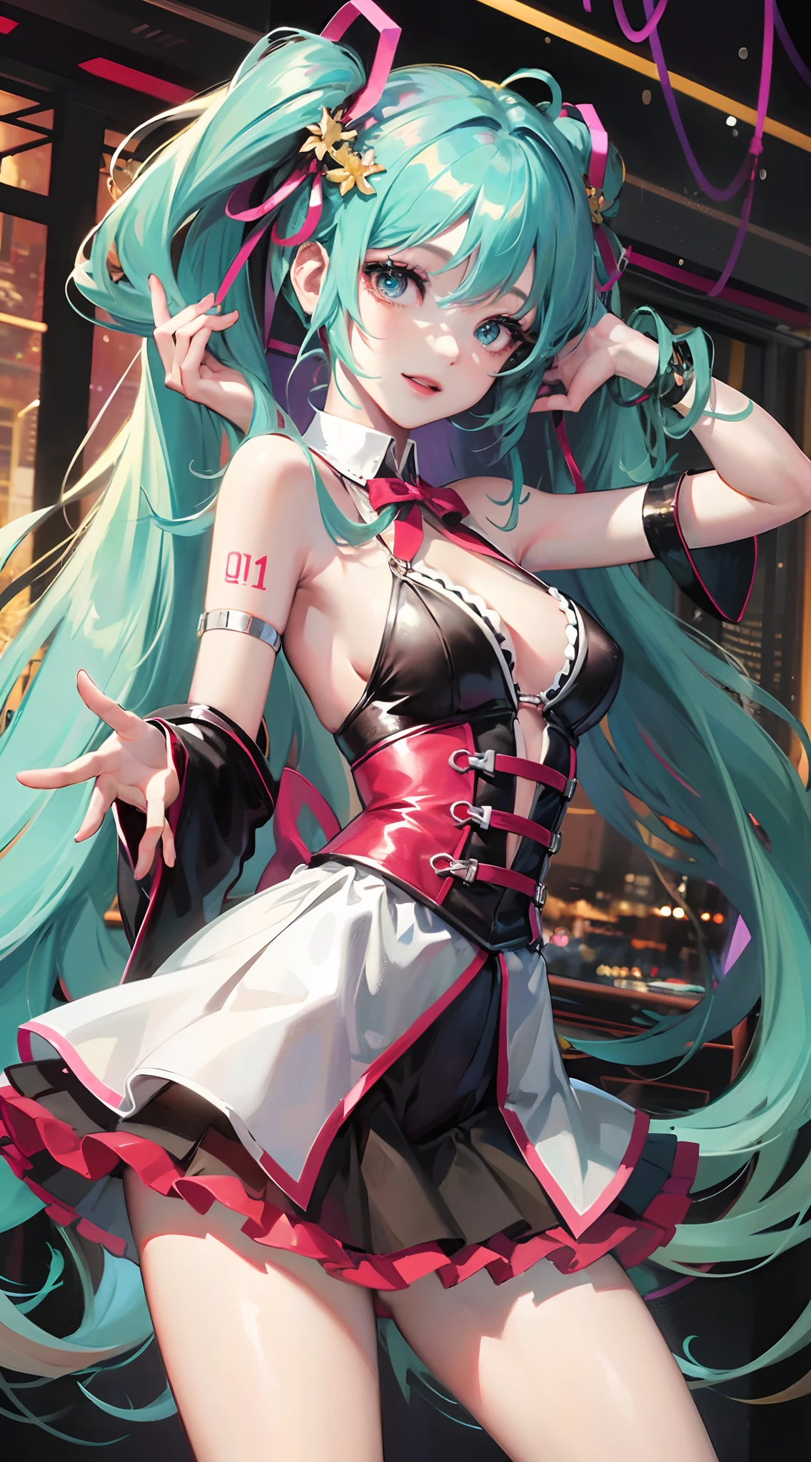 Absurdres masterpiece HDR high quality picture of Hatsune Miku, very young age girl 14 years old with detailed face, simple hair design , beautiful face, happy face, hands on waist and hands are hiding in her hair and clothes , very long hair, ((random hair style:1 )) , anime eyes, light skin ,
Courtesan outfit , detailed dress, detailed hair ornaments , concert stage background, masterpiece scenery