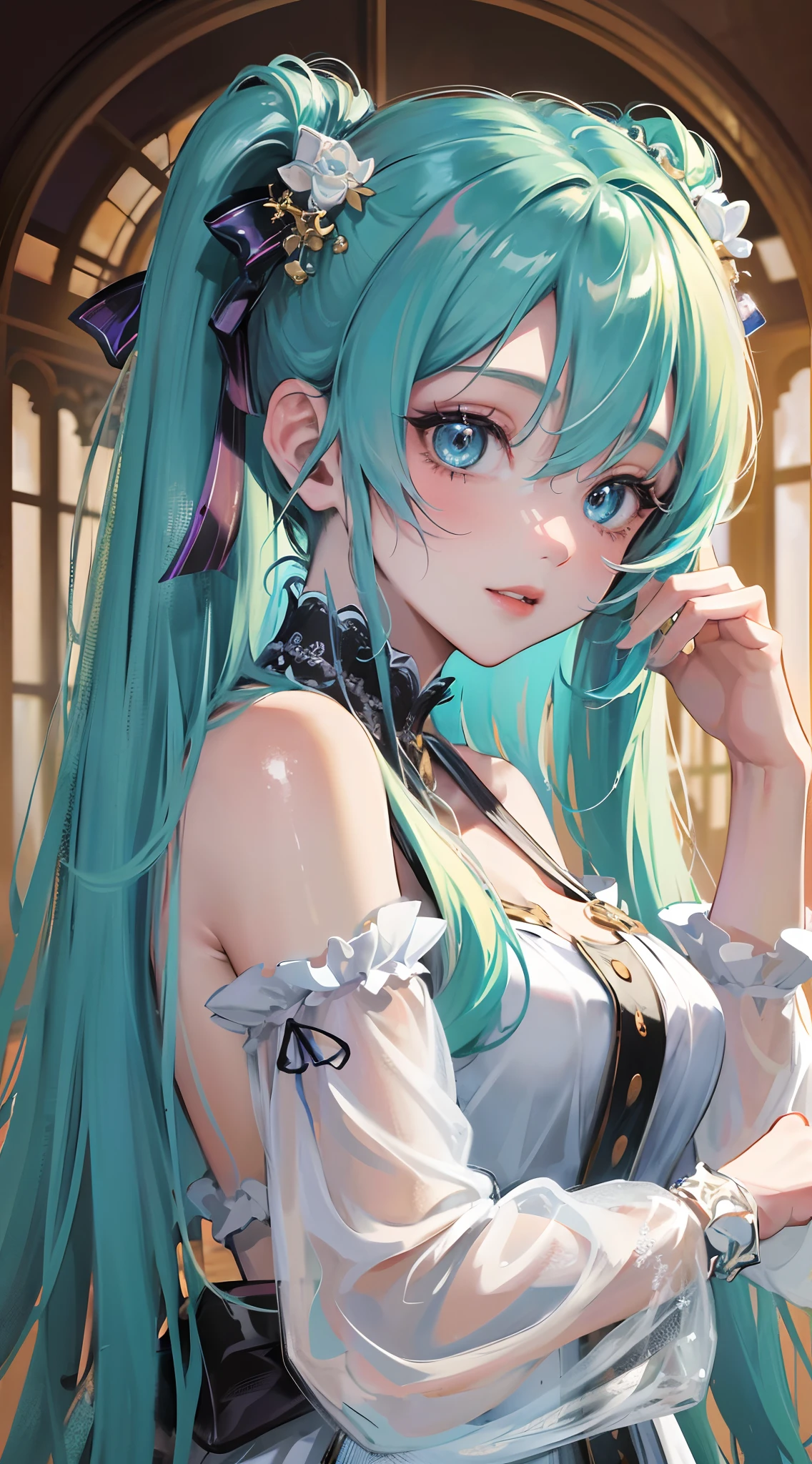 1, masterpiece, dreamy, complex details, studio photography, cinematic light, high brightness, depth of field, bright, light, pastel, colorful, vibrant, bright, sunny, bright and vibrant, high-key, vivid, depth of field,
1 girl, (Hatsune Miku: 1.5), long hair, shiny hair, upper body, bright particles, green glowing note hair clip flowers, blue eyes, bright ornaments, red tattoo (00 on shoulder), strap slip, blue hair, hands on their own cheeks, solo girl, Hatsune Miku, high quality, high resolution,