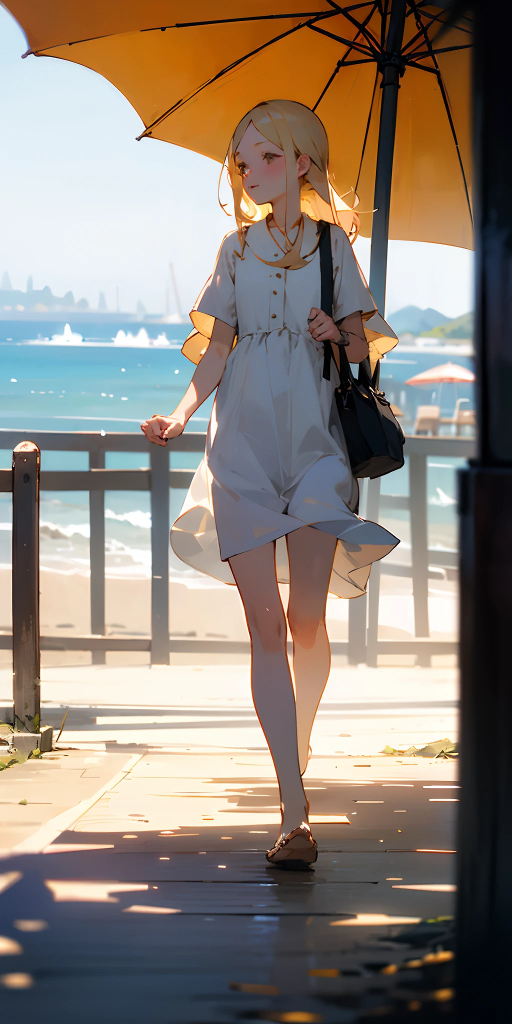 (masterpiece、top-quality)、Long blonde girl walking by the seaside on a sunny day、Warm lighting、Blurred foreground