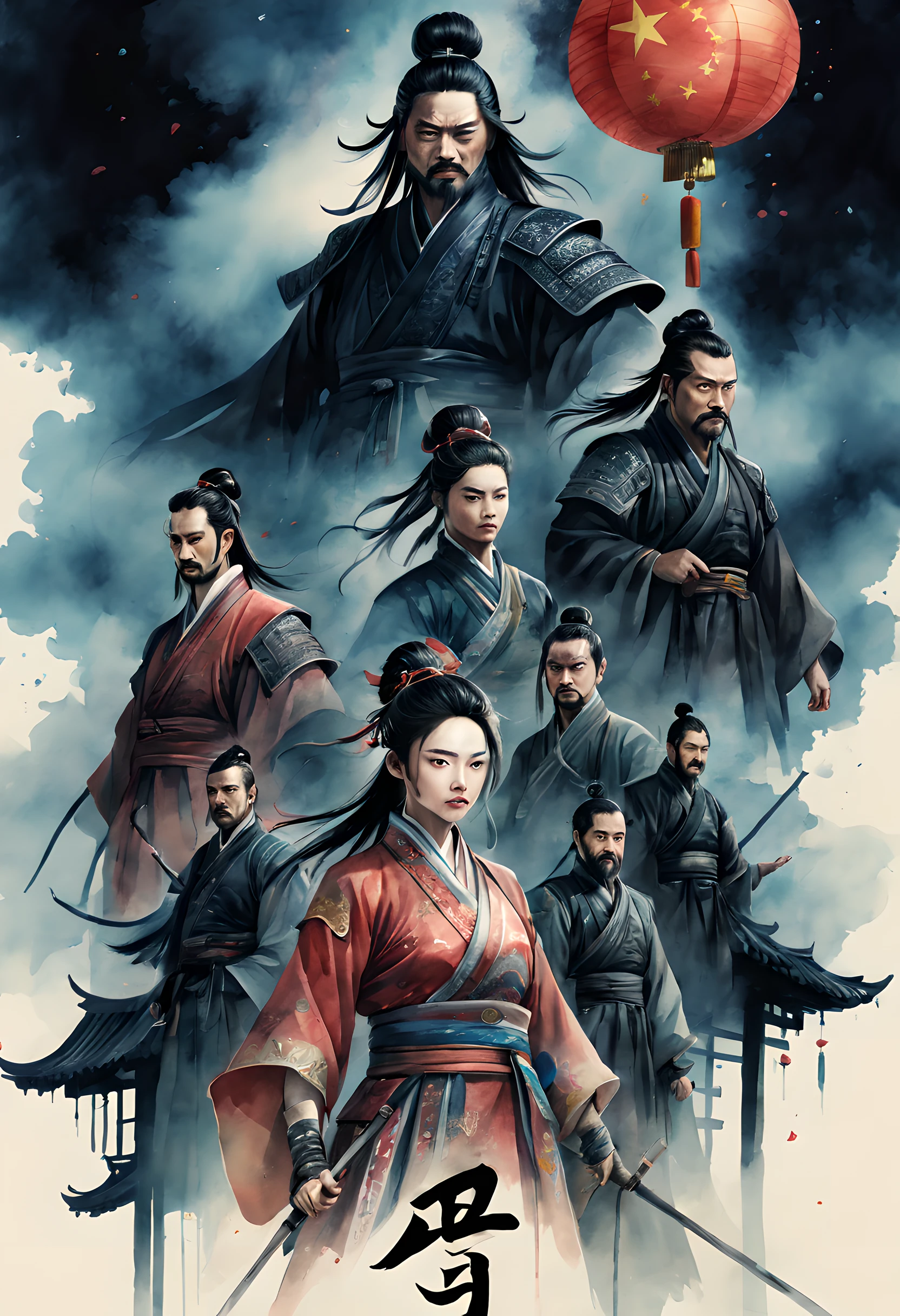 (movie poster style:1.5), (movie poster:1.5), (ink and watercolor painting:1.5), (Tasteful:1.5), (ink and watercolor painting:1.5), (Chinese style:1.5), (full color:1.5), 8k, 4k, (magic:1.5), (dripping paint;1.5), (chiniese movie poster:1.5), （Period Drama Poster:1.3), (three kingdom:1.5), (Three Kingdoms:1.5), (Takeshito:1.5), (war:1.5), (movie title:1.5), (logo:1.5), (text:1.5),