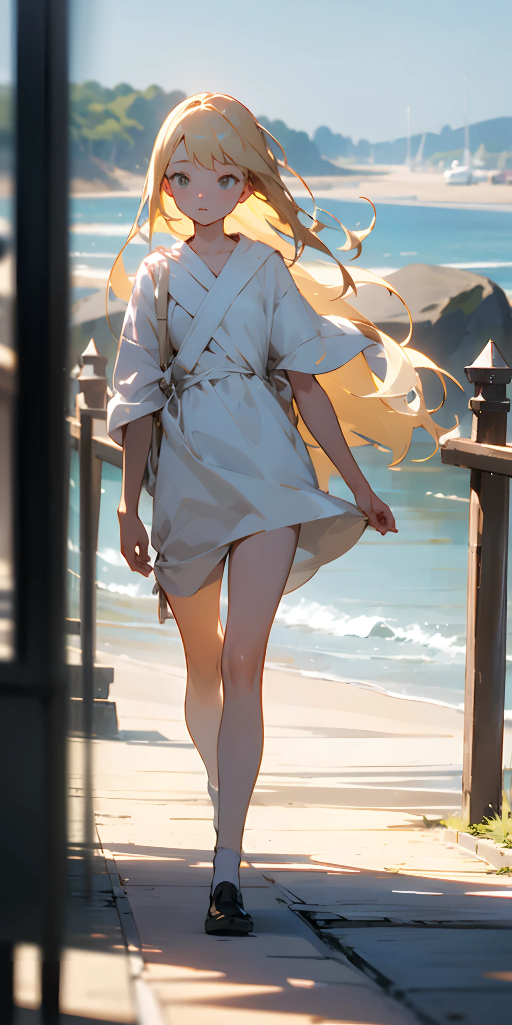 (masterpiece、top-quality)、Long blonde girl walking by the seaside on a sunny day、Warm lighting、Blurred foreground