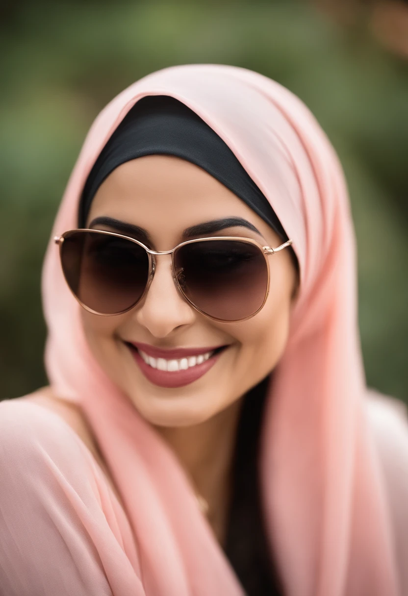 woman sit in a bed, wearing a pink hijab, smile with deep dimples, headshot profile picture, Abby abadi, 30 years old woman, dimple smiling and looking directly, warm and gentle smile, lovely smile, selfie shot straight on angle, charming smile, curvey body, white skin