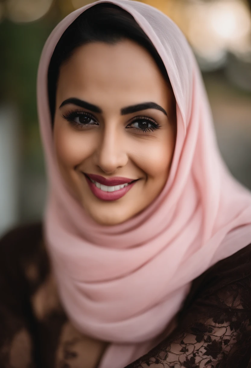 woman sit in a bed, wearing a pink hijab, smile with deep dimples, headshot profile picture, Abby abadi, 30 years old woman, dimple smiling and looking directly, warm and gentle smile, lovely smile, selfie shot straight on angle, charming smile, curvey body, white skin