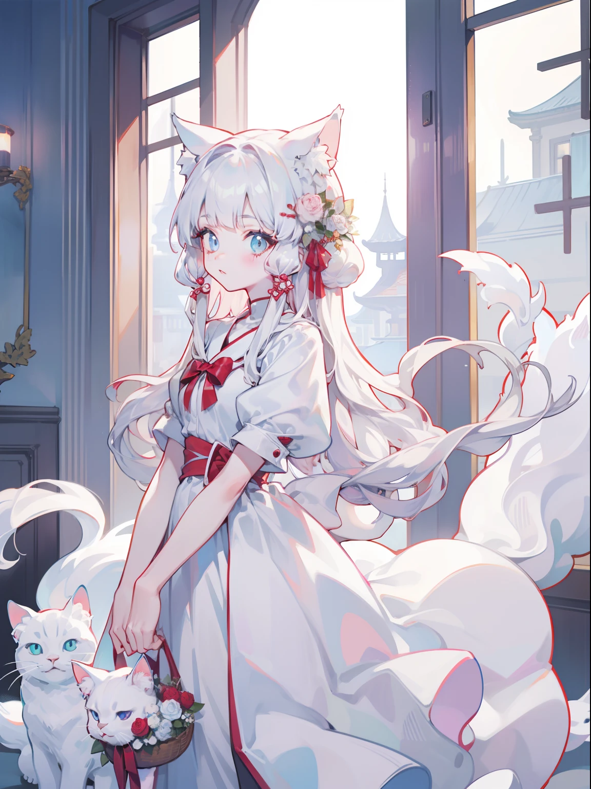There was a woman wearing a white dress，A red rose stuck in her hair, Anime cosplay, Anime girl cosplay, cosplay foto, Anime style mixed with Fujifilm, cosplay, white-haired god, a beautiful kitsune woman, rpgmaker, White Cat Girl, Girl silver hair, nekomimi, Anime girl in real life, Ayaka cosplay, white hime cut hairstyle