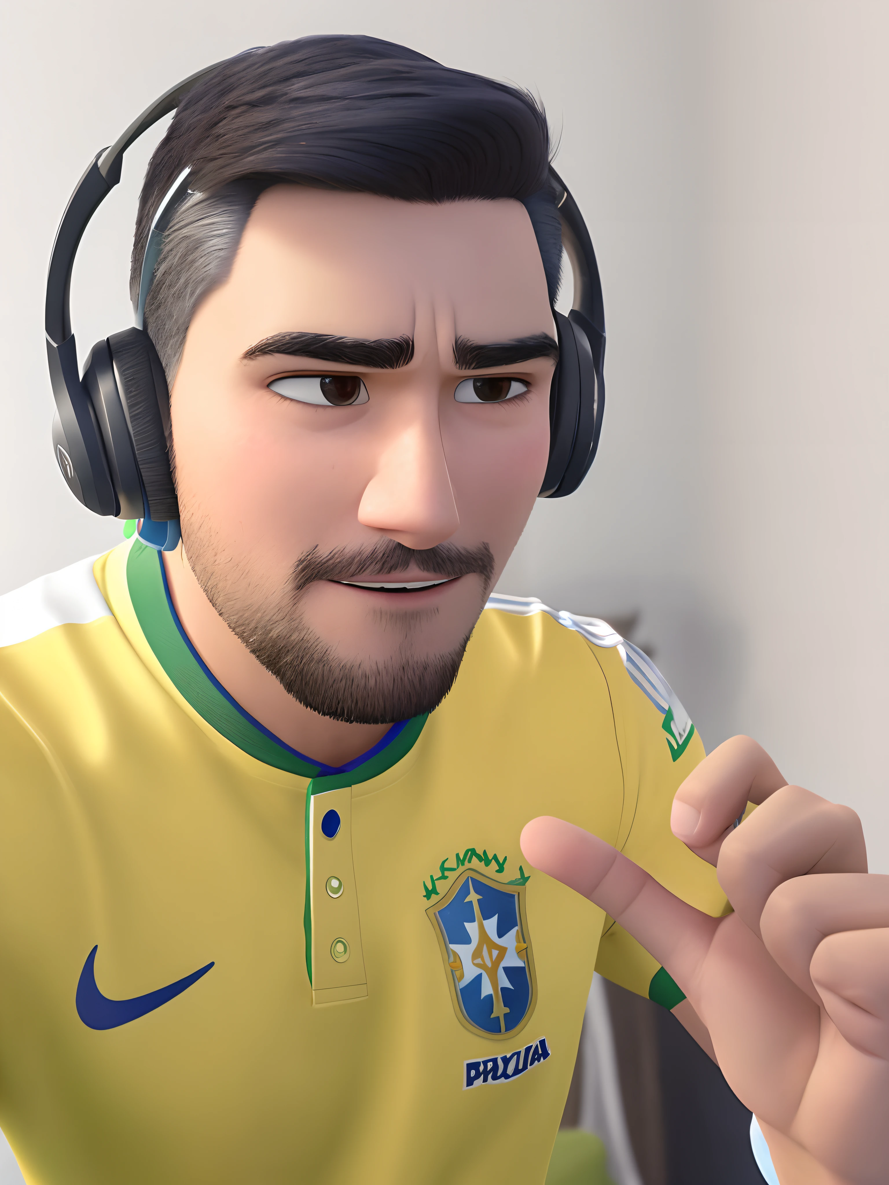 Pixarstyle A chest-high portrait with the shirt of the Brazilian national team Earphone Concha, White Skin Making Peace Sign With Left Hand Wearing Wedding Ring,  cabelos escuros penteados para a direita de forma com um topete ondulado