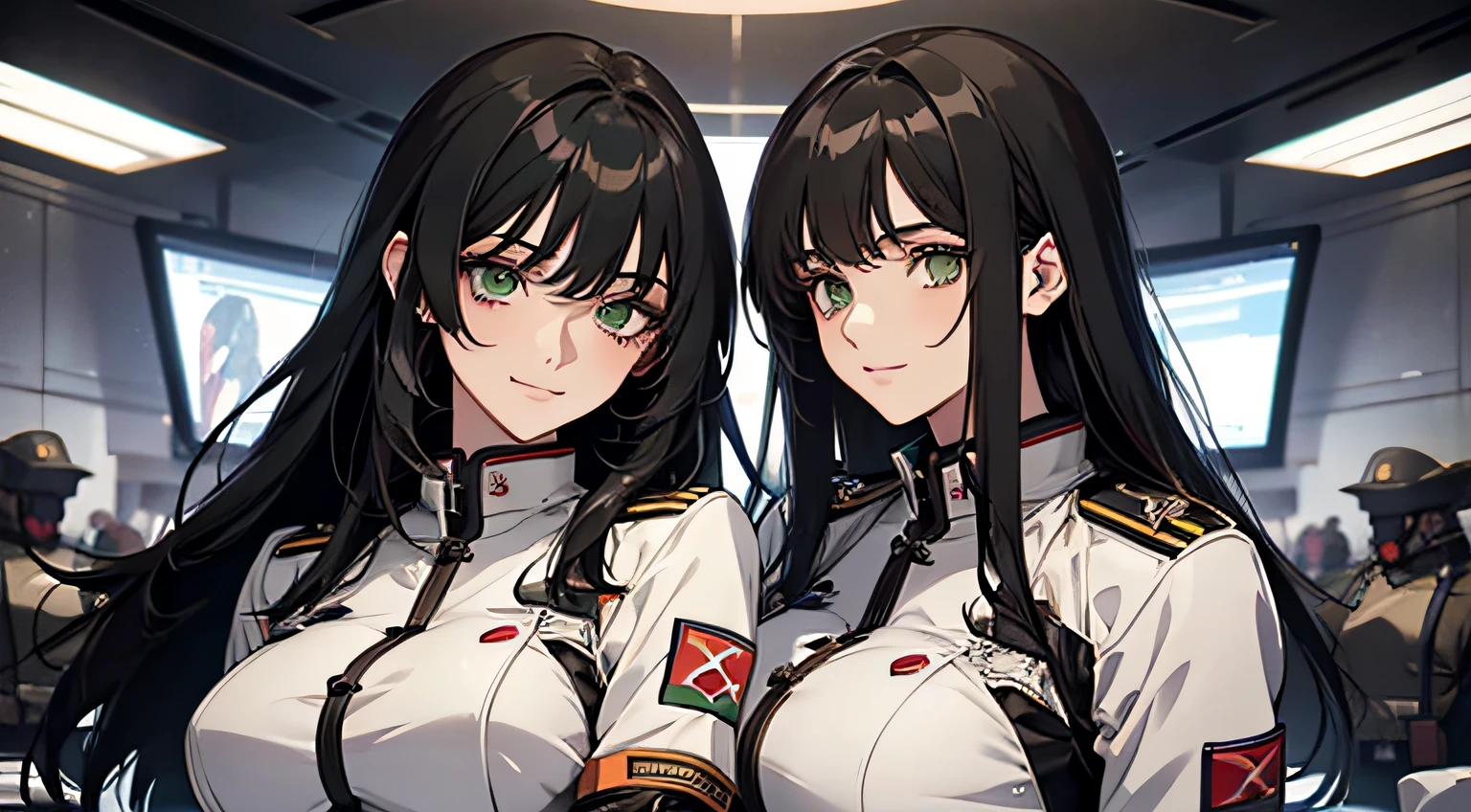Two Woman, anime style, (Green Eyes), (black hair), beautiful face, smile, the perfect body, hair long, big breast, ultra detailed 8k, sharp-focus, highly detailed, professional lighting, medical suit, military suit, (medical doctor), (military army), bedroom