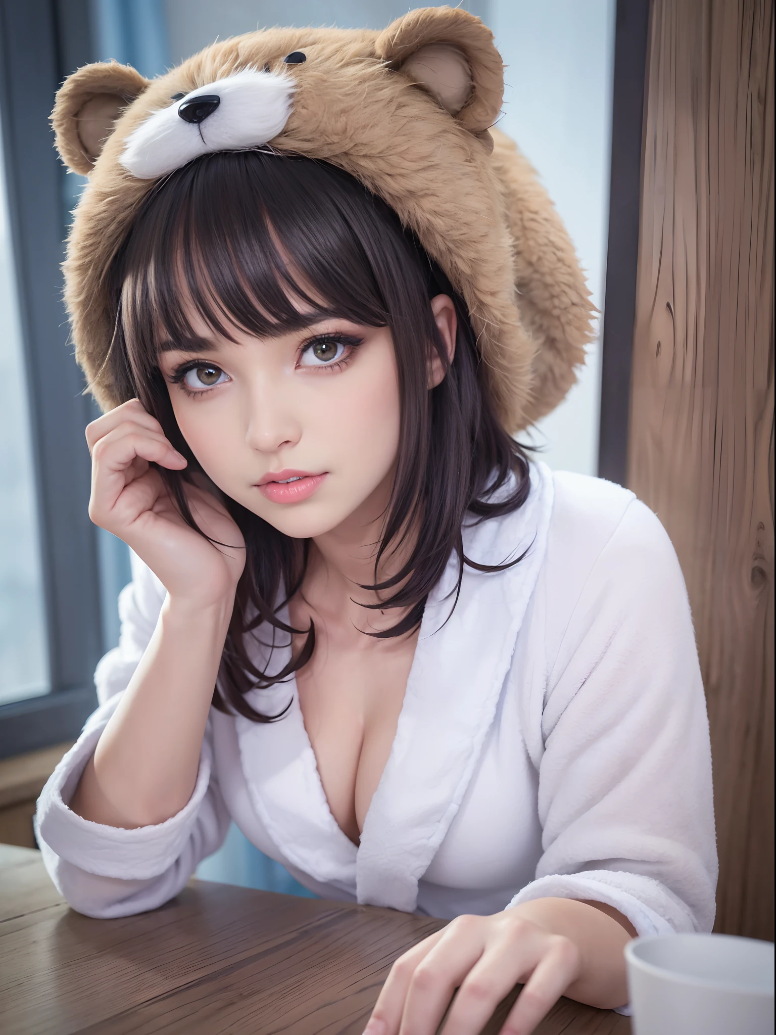 best quality, ultra detailed, extremely detailed, realistic, (masterpiece:1.1), (realistic:1.5), photorealistic, octane render, (4k, 8k), (hyperrealistic:1.2), (photorealistic face:1.2), (Best Quality), extremely detailed, intricate, hyper detailed, (eyes detailed, finger detailed:1.2), looking at viewer, (short hair, hair down, bangs, hair between eyes, brown hair), (night, in house, bear hat, bathrobe:1.3), (1girl, solo, alone, medium breasts, athletic body, slim thighs, 2legs, sit, black eyes:1.4)