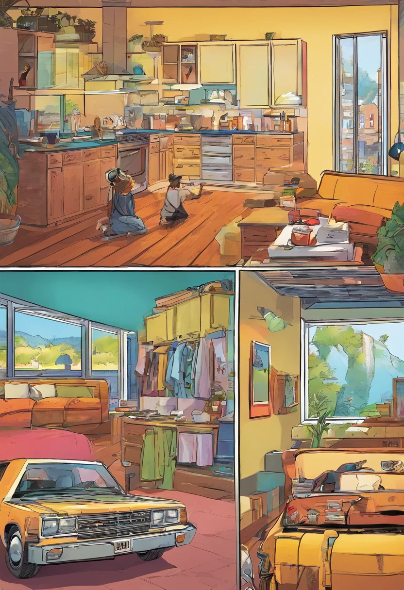 American comics, The comic story is presented in multiple irregular colored panels. The husband is packing his belongings at home，The wife next to her took out her mobile phone and pressed the "Reserve a car" icon，A car with flashing lights can be seen outside the window of the room